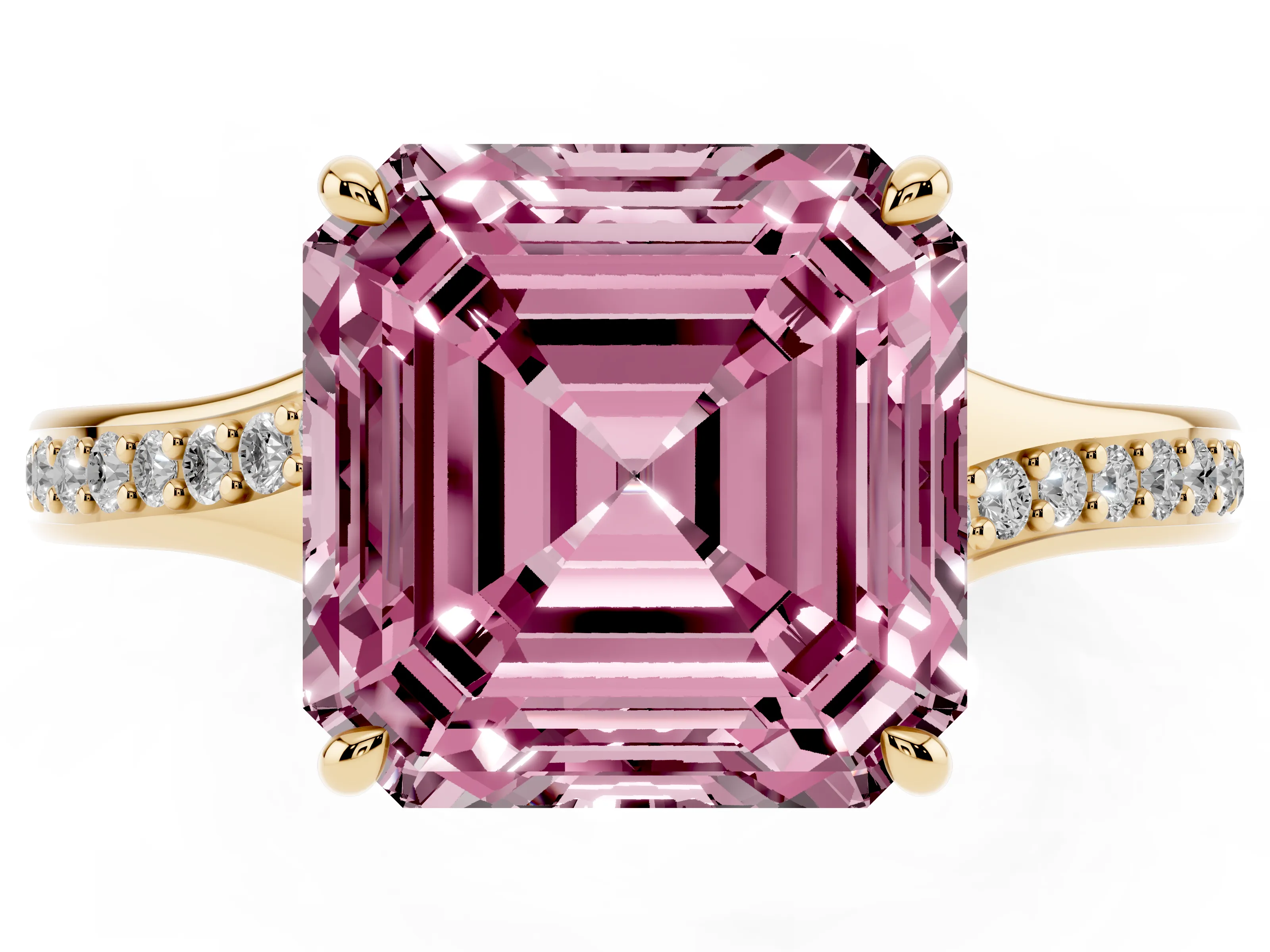 Fancy Pink Asscher Cut Diamond Solitaire Ring Set in Yellow gold with Pavé Accent Band and Classic Prong Setting