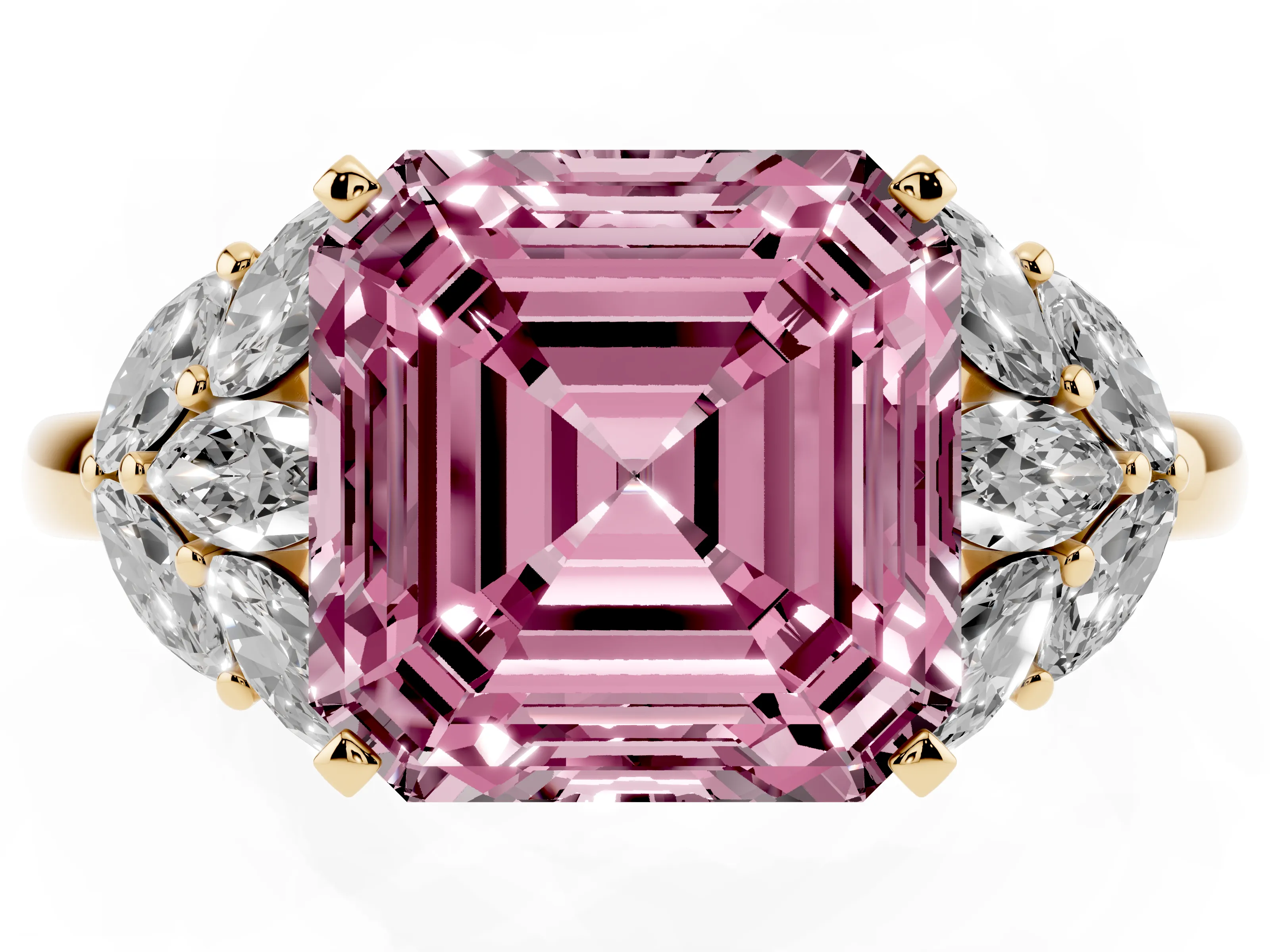 Fancy Pink Asscher Cut Diamond Cluster Leaf Design Ring Set in Yellow gold with Prong Setting