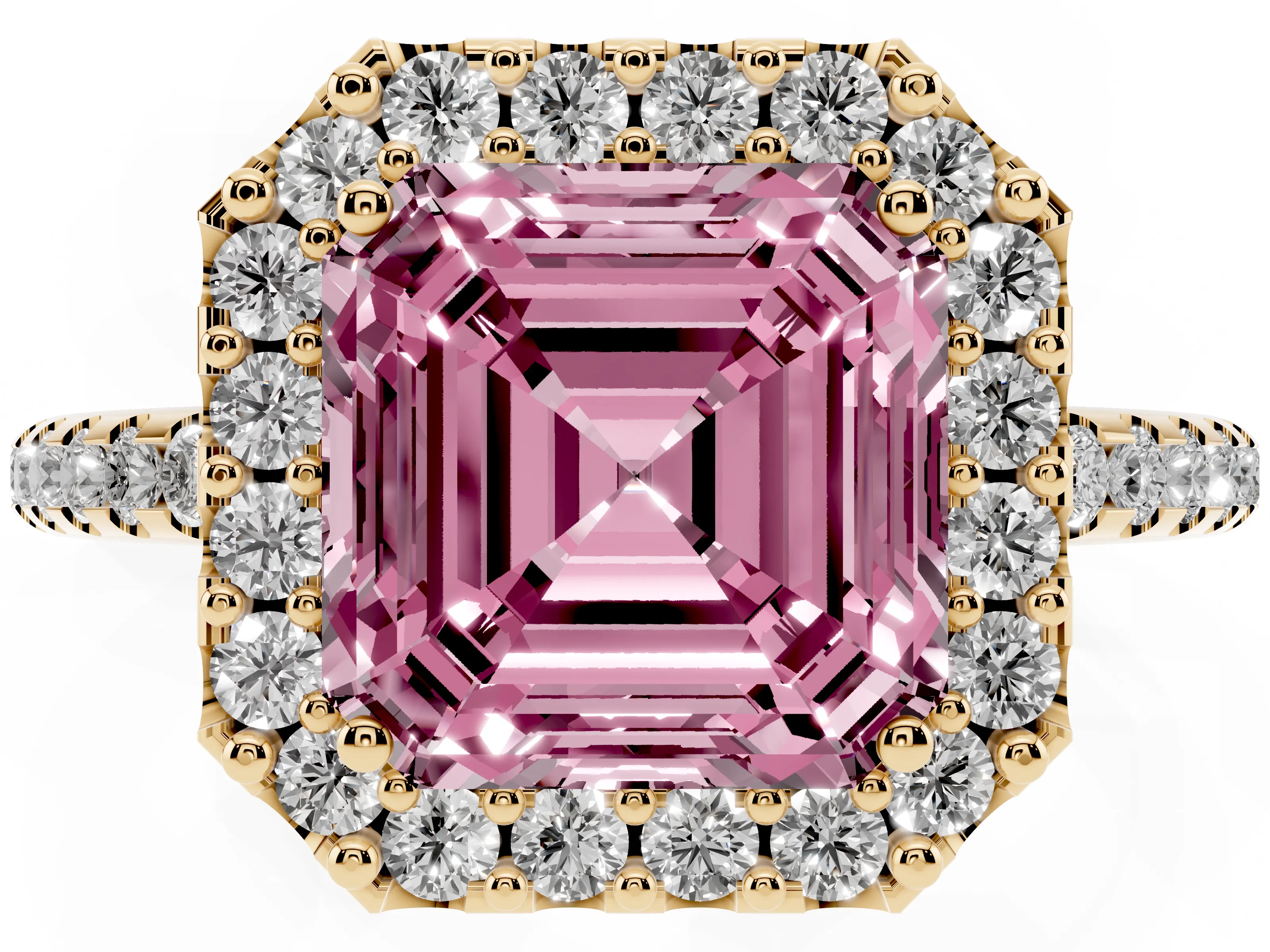 Fancy Pink Asscher Cut Diamond Pavé Halo Ring Set in Yellow gold with Prong Setting
