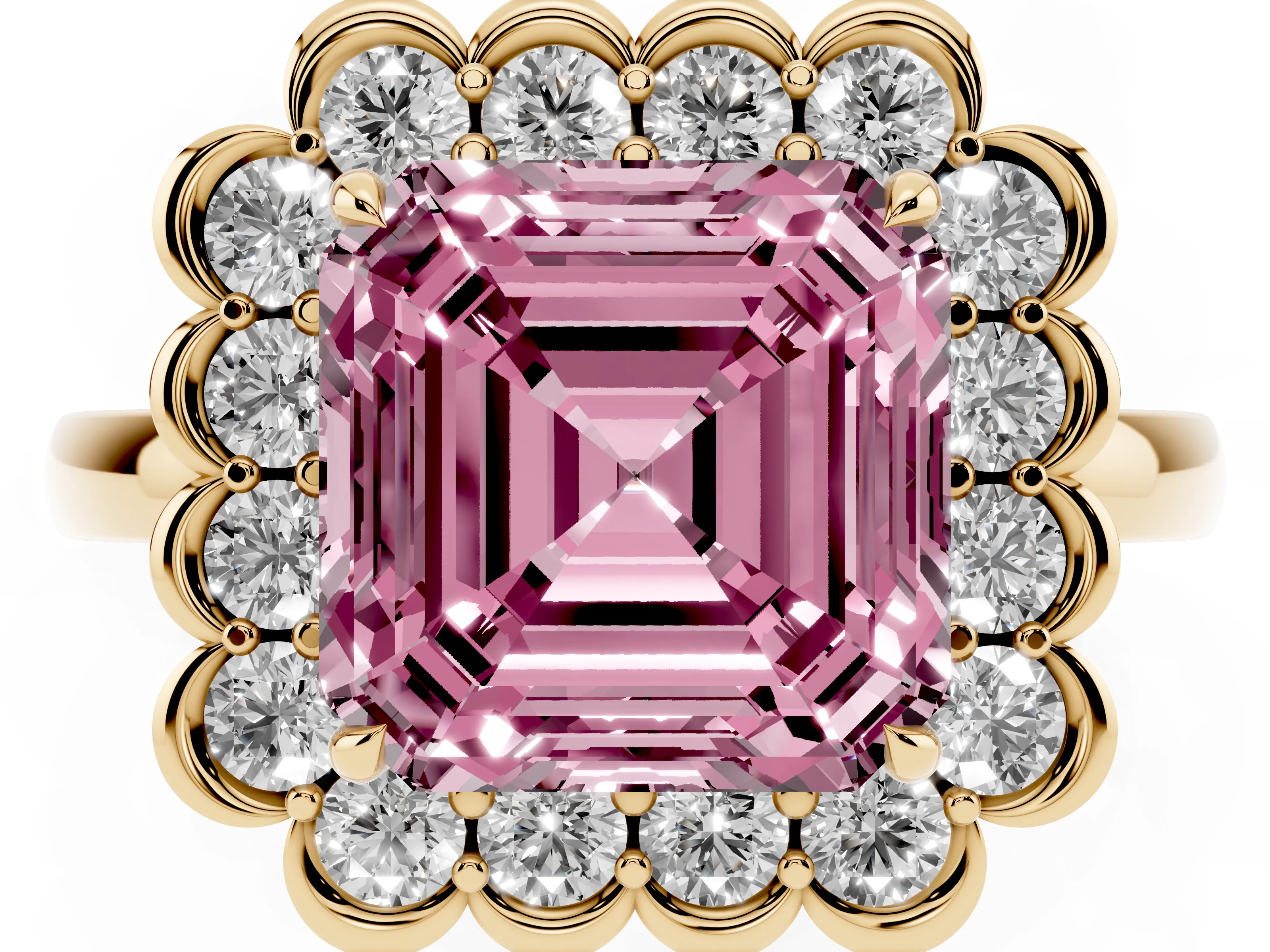 Fancy Pink Asscher Cut Diamond Halo Cluster Engagement Ring Set in Yellow gold with Solitaire Band and Prong Setting