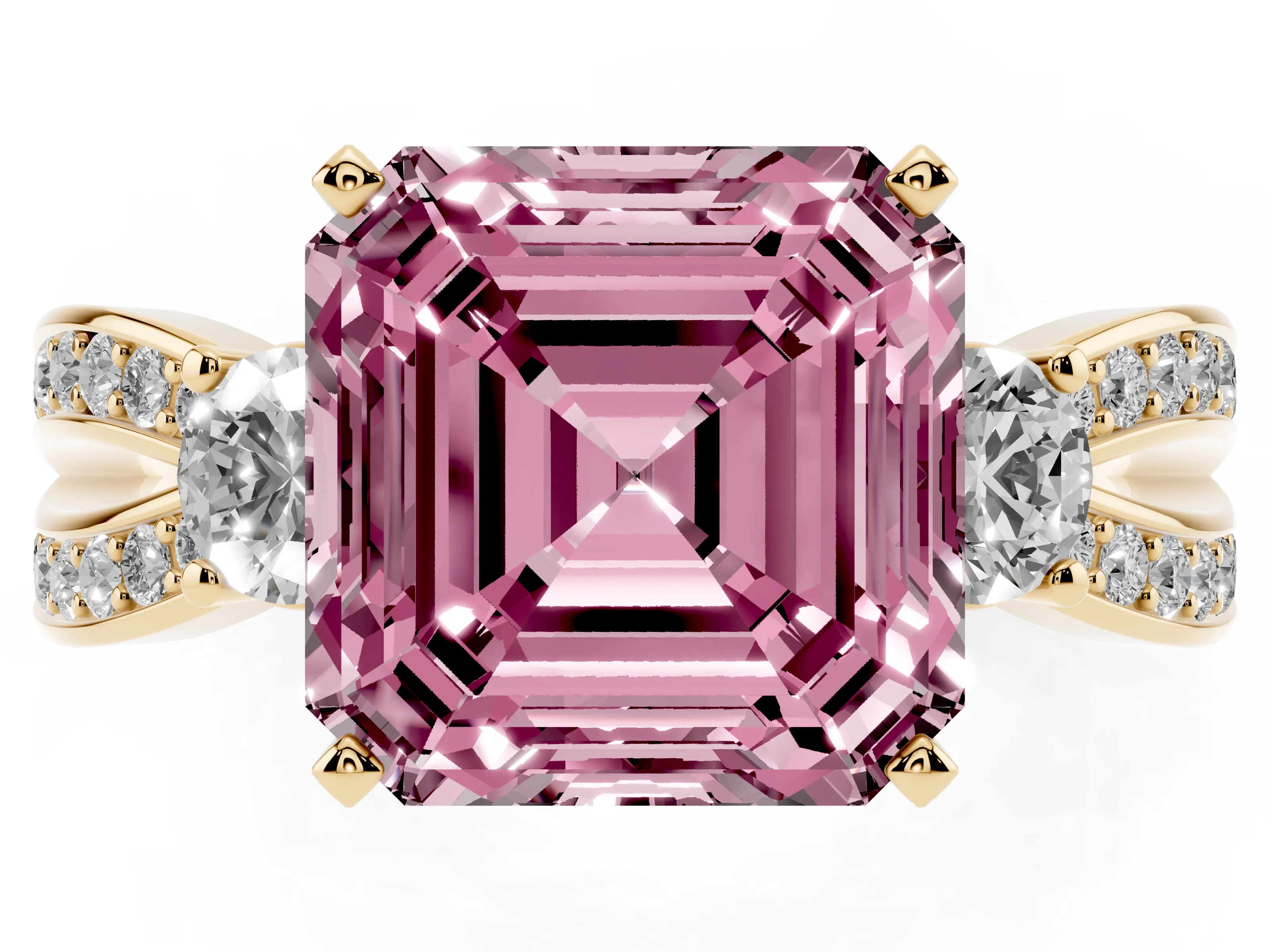 Fancy Pink Three-Stone Asscher Cut Diamond Twist Band Ring Set in Yellow gold with Pavé Accents and Prong Setting