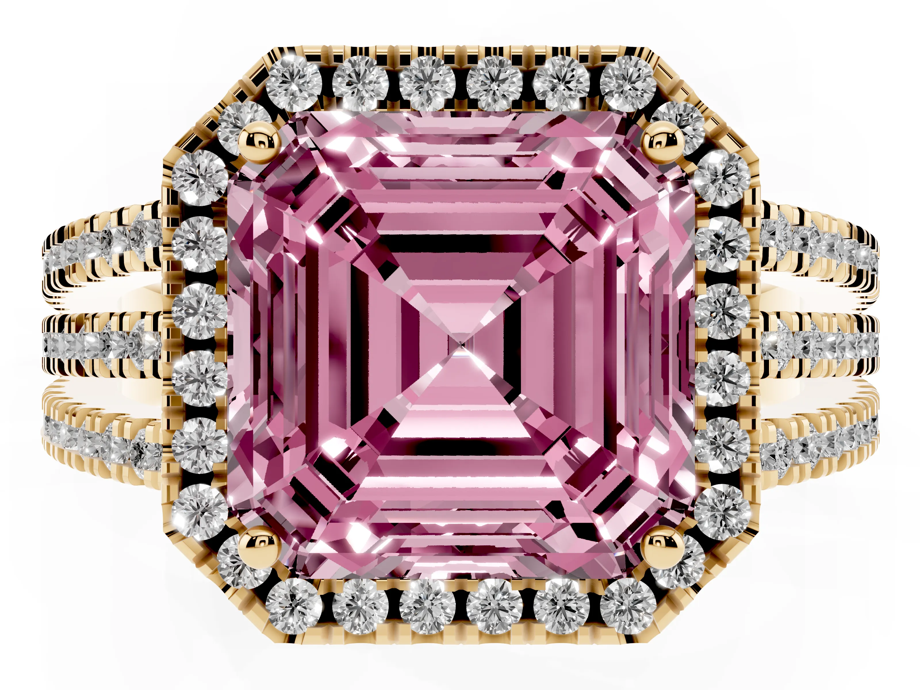 Fancy Pink Asscher Cut Diamond Halo Split Shank Engagement Ring Set in Yellow gold with Prong Setting