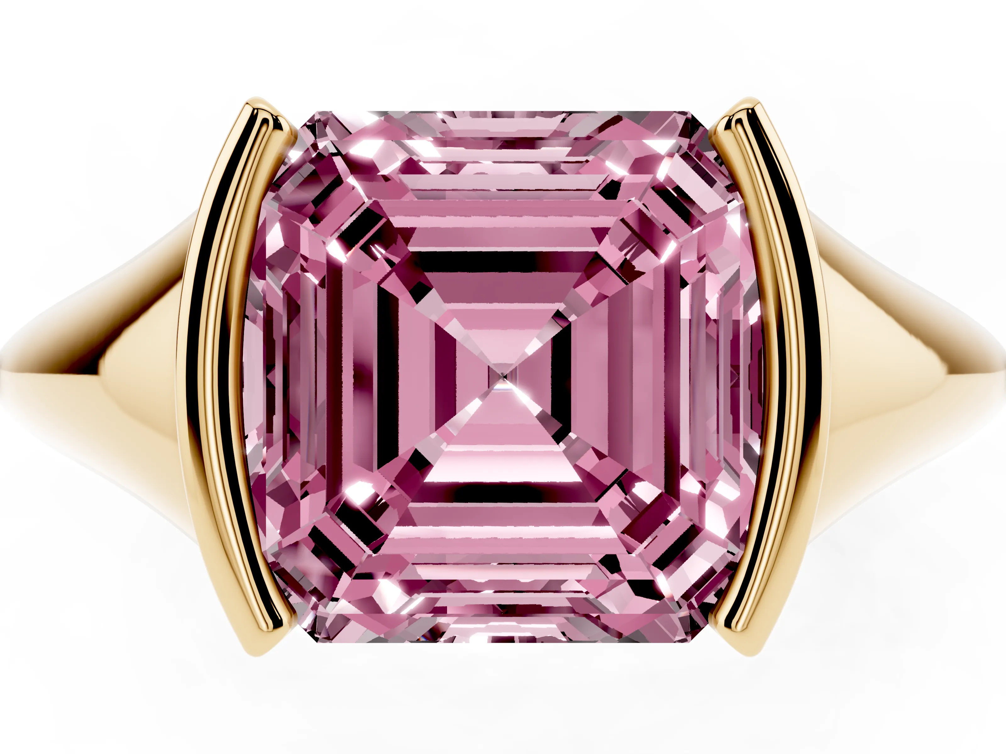Fancy Pink Asscher Cut Diamond Solitaire Tension Set Ring Set in Yellow gold