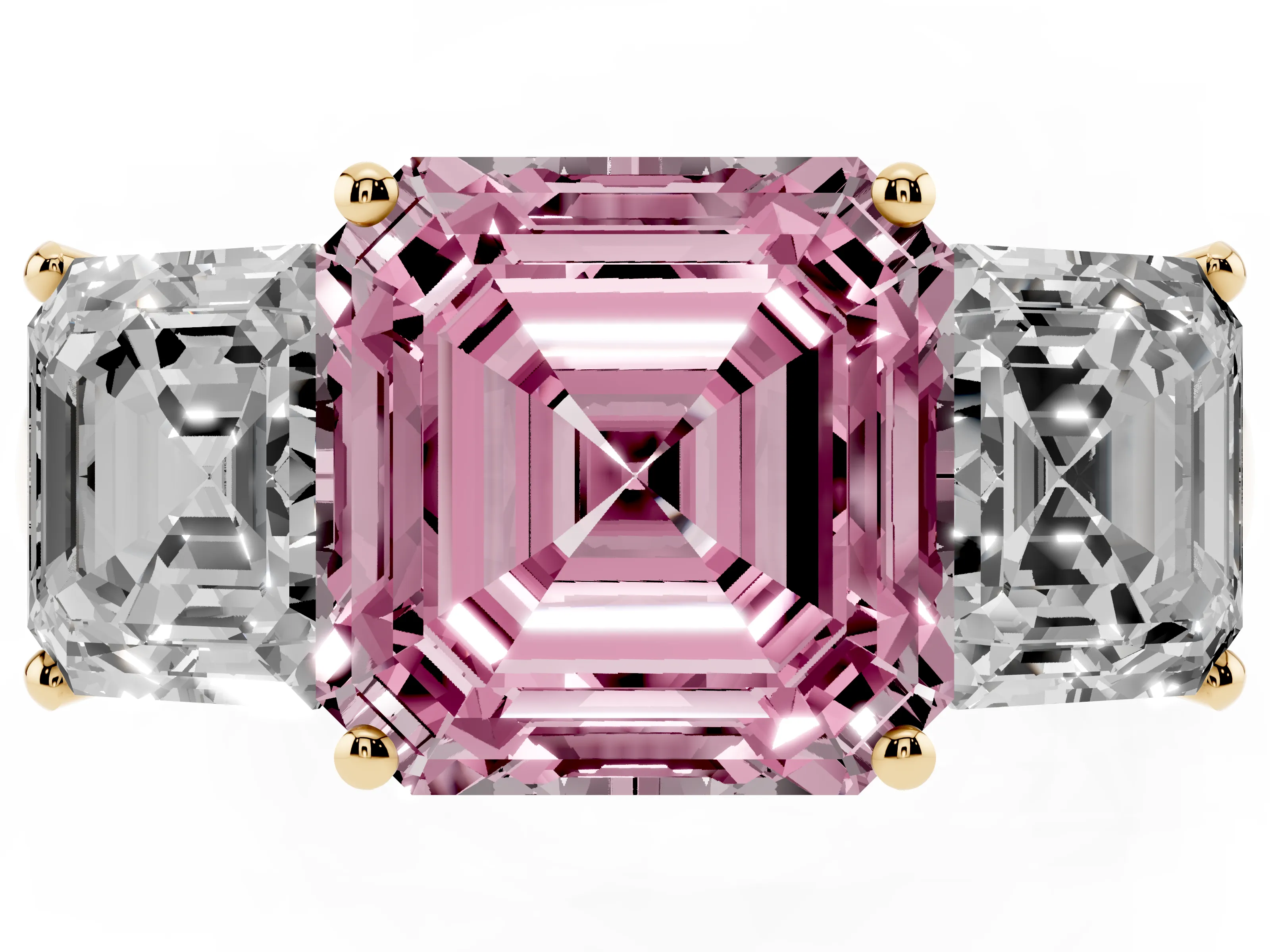 Fancy Pink Asscher Cut Diamond Three-Stone Ring Set in Yellow gold with Classic Prong Setting and Plain Band