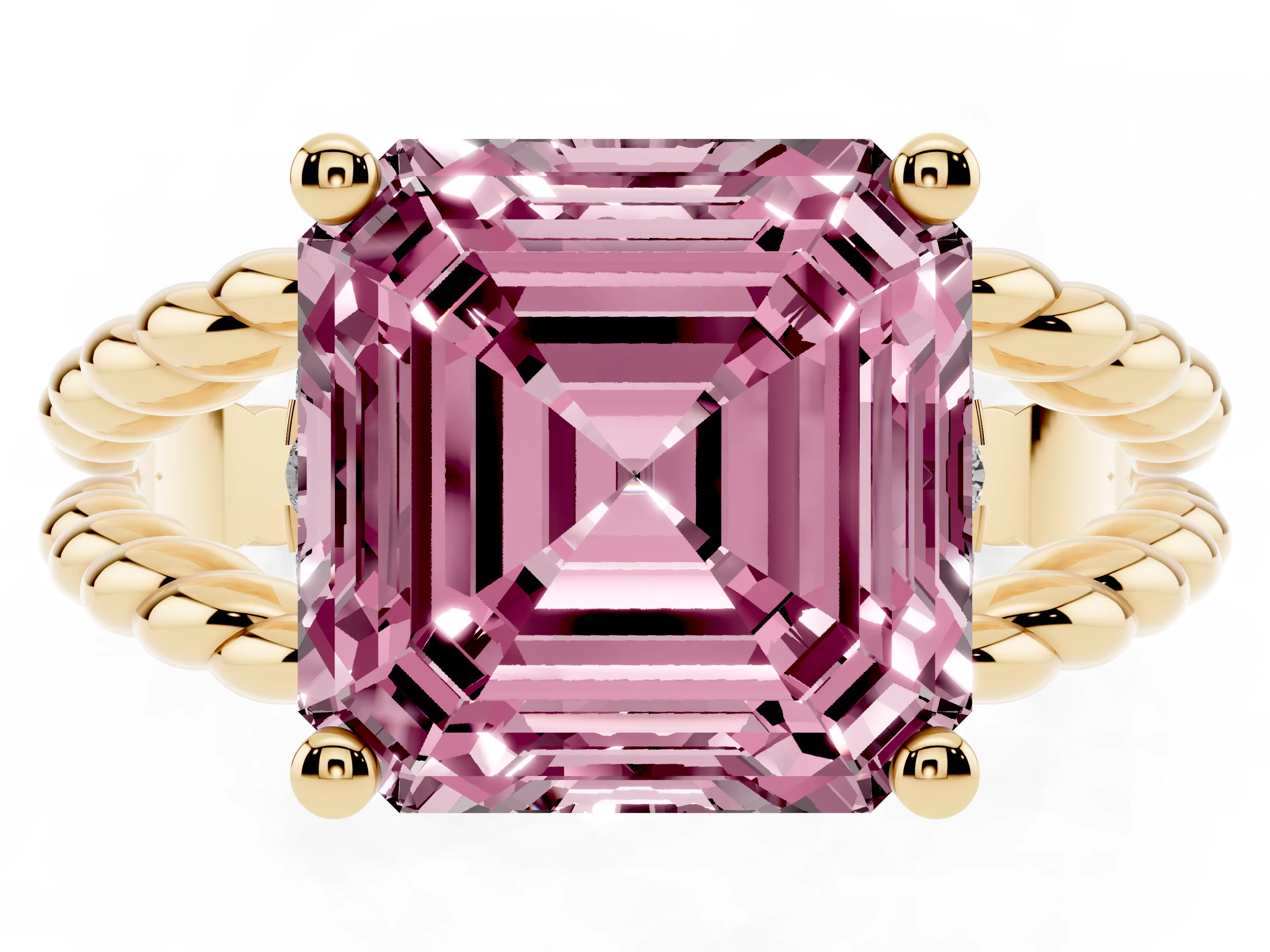 Fancy Pink Asscher Cut Diamond Halo Ring Set in Yellow gold with Twisted Band and Prong Setting