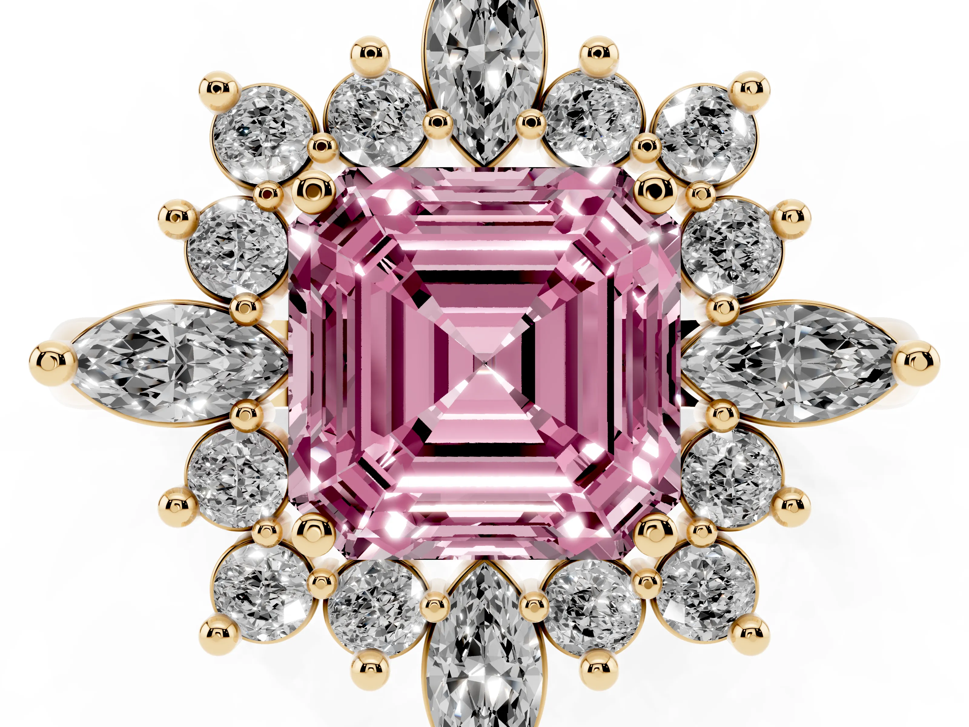 Fancy Pink Asscher Cut Diamond Cluster Halo Ring Set in Yellow gold with Marquise and Round Accents