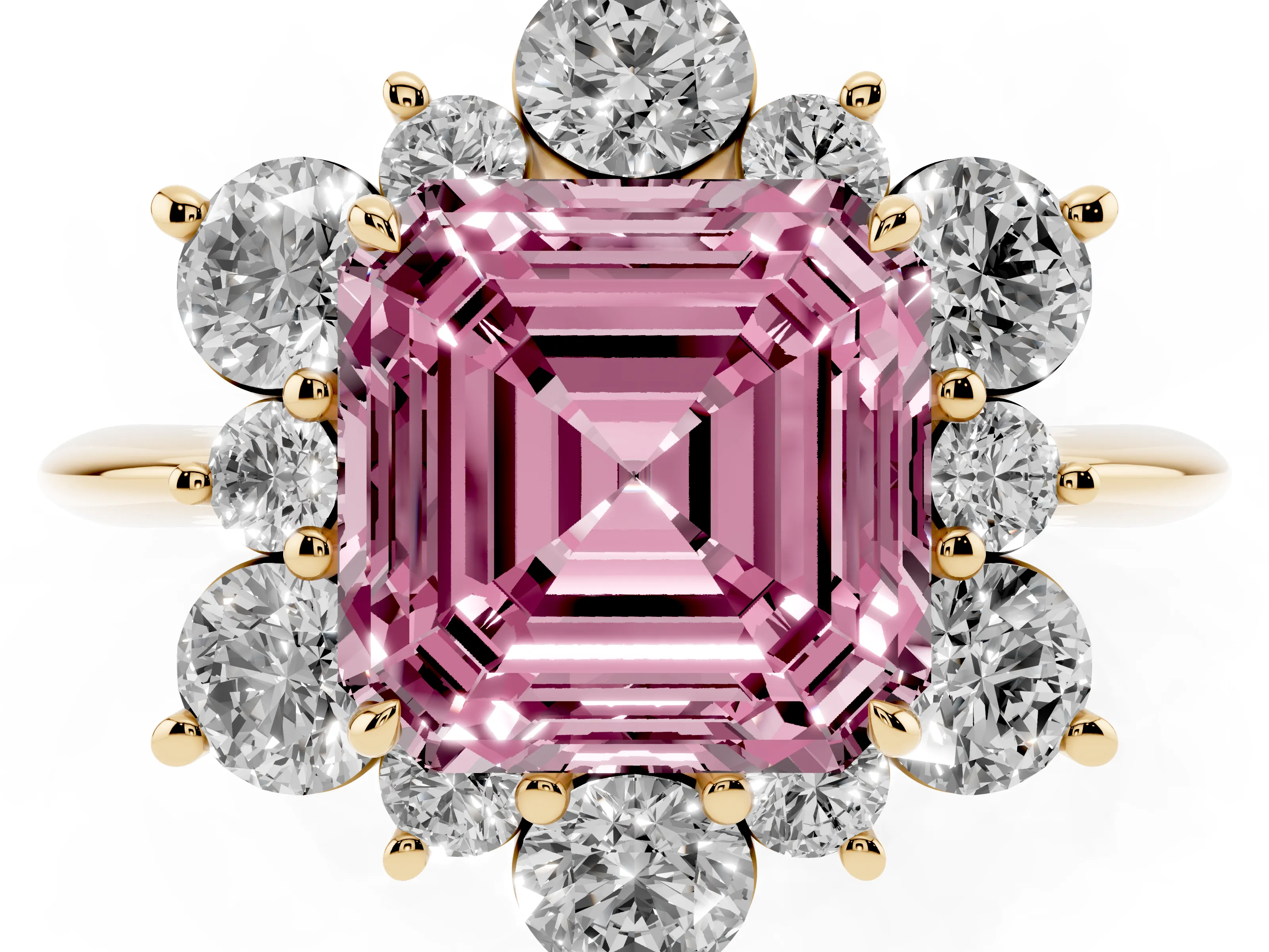 Fancy Pink Asscher Cut Diamond Cluster Halo Ring Set in Yellow gold with Solitaire Band and Prong Setting