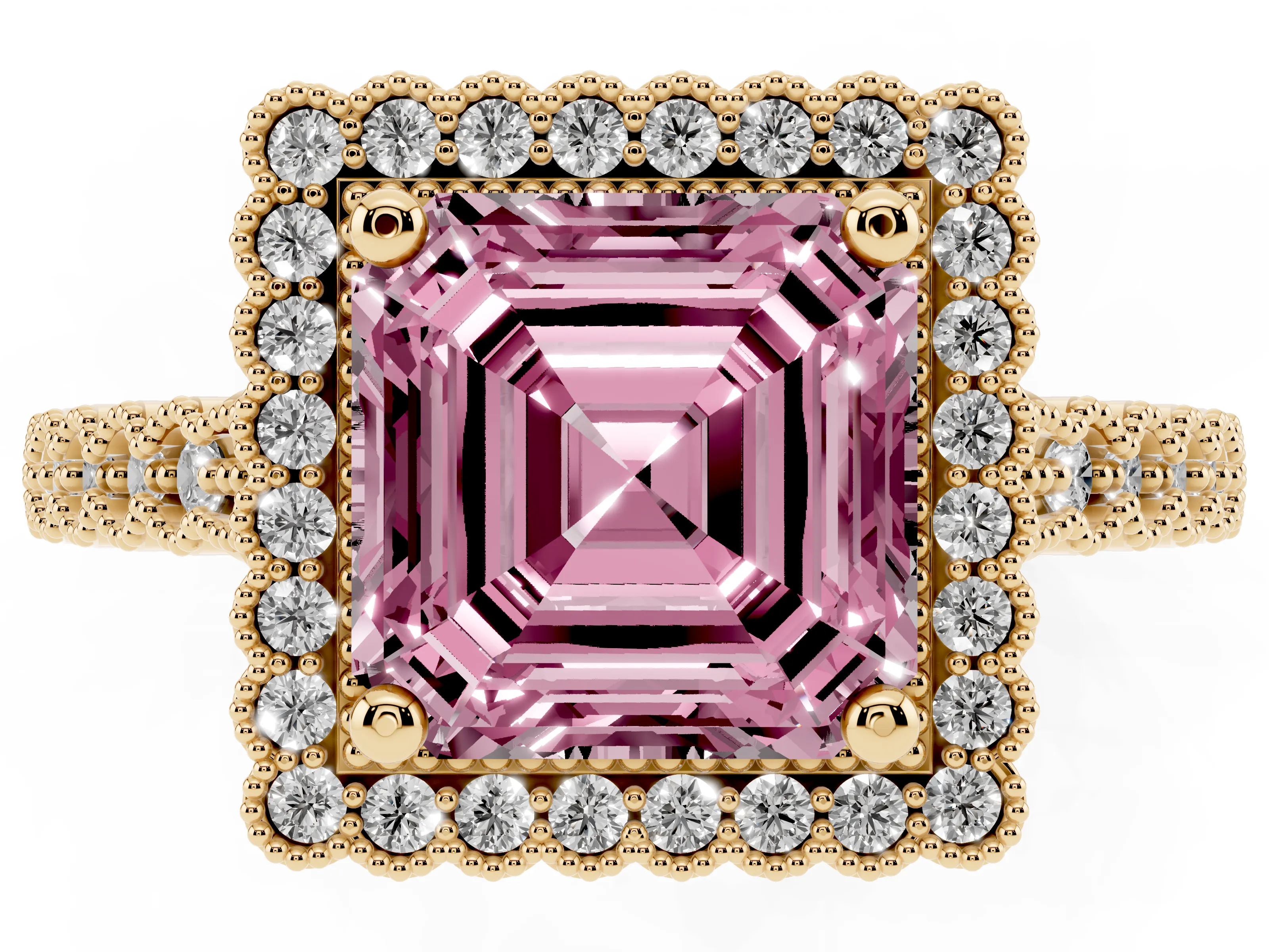 Fancy Pink Asscher Cut Diamond Halo Ring Set in Yellow gold with Pavé Milgrain Band