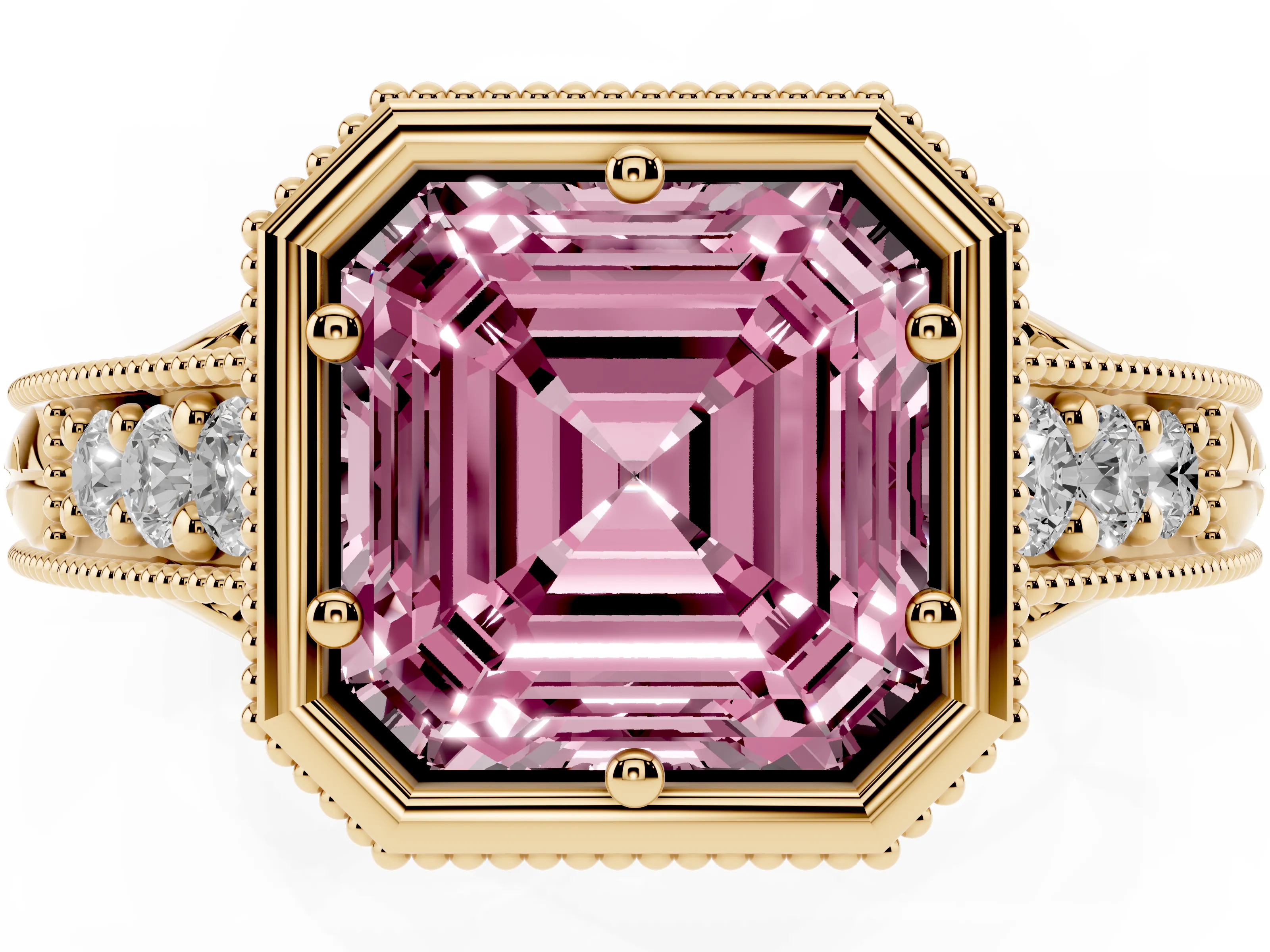Fancy Pink Bezel Set Asscher Cut Diamond Milgrain Pavé Engagement Ring Set in Yellow gold