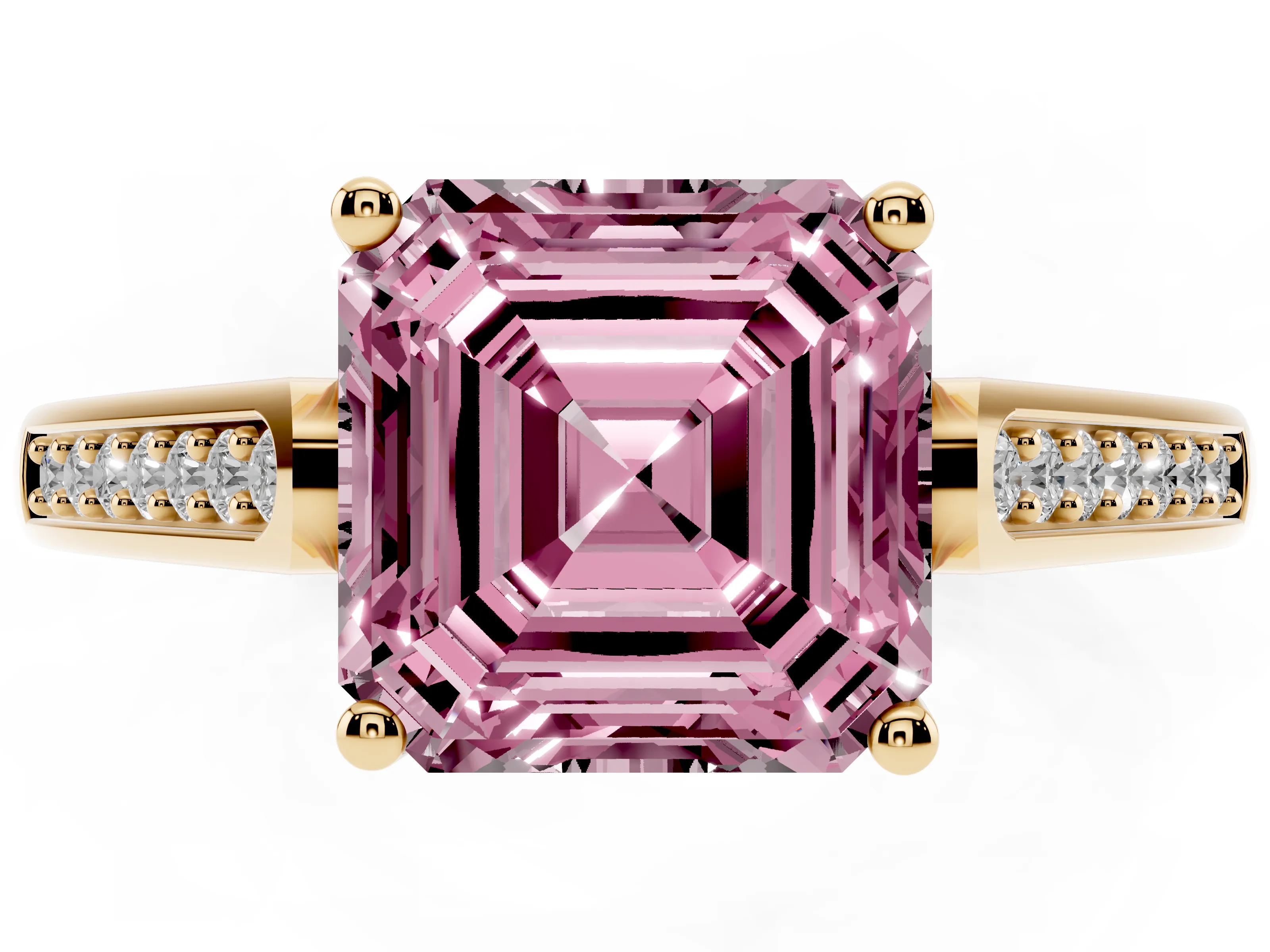 Fancy Pink Asscher Cut Diamond Solitaire Cathedral Engagement Ring Set in Yellow gold with Channel-Set Band and Prong Setting