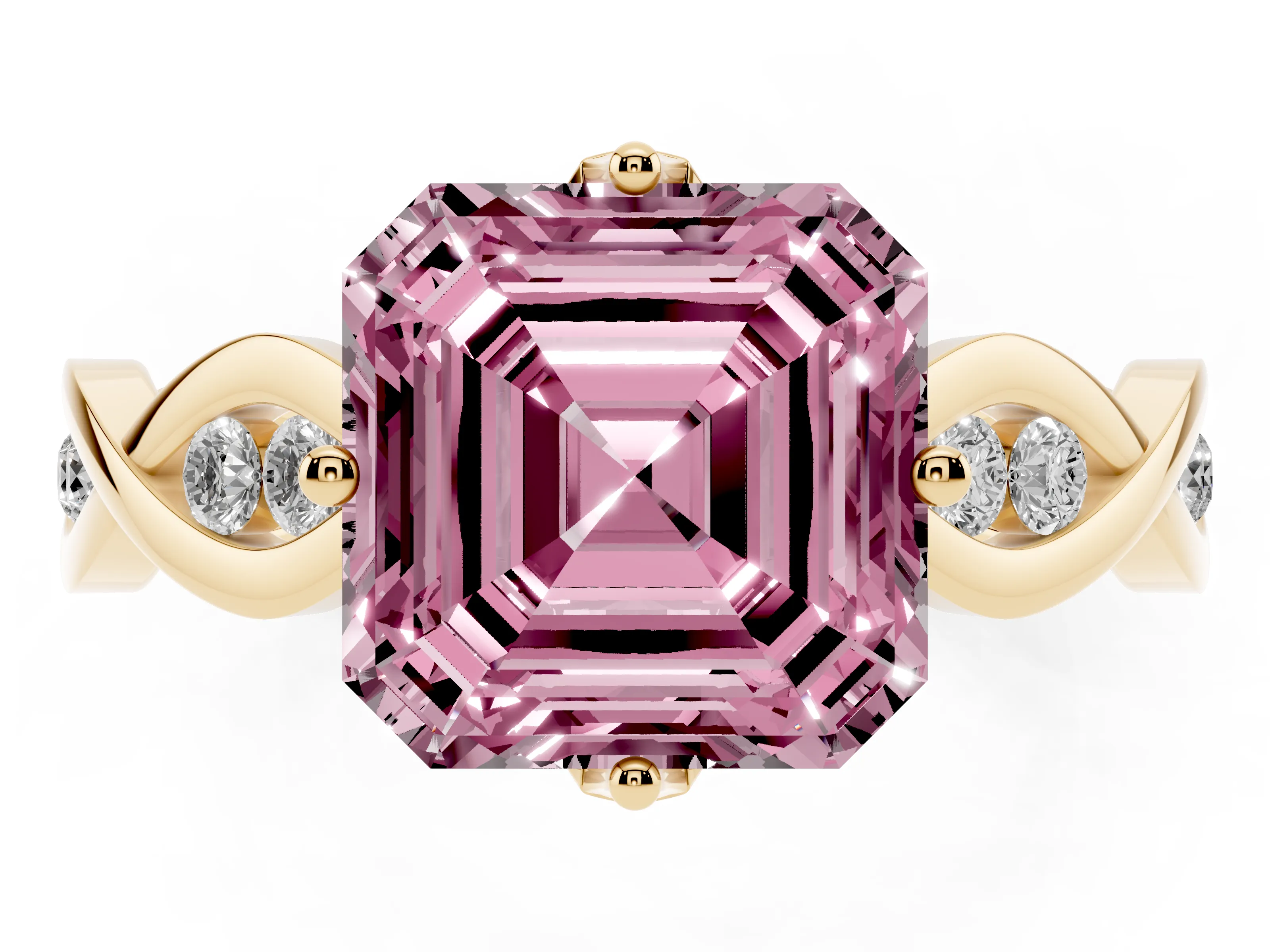 Fancy Pink Asscher Cut Diamond Twist Band Solitaire Ring Set in Yellow gold with Leaf Prong Setting and Accent Stones