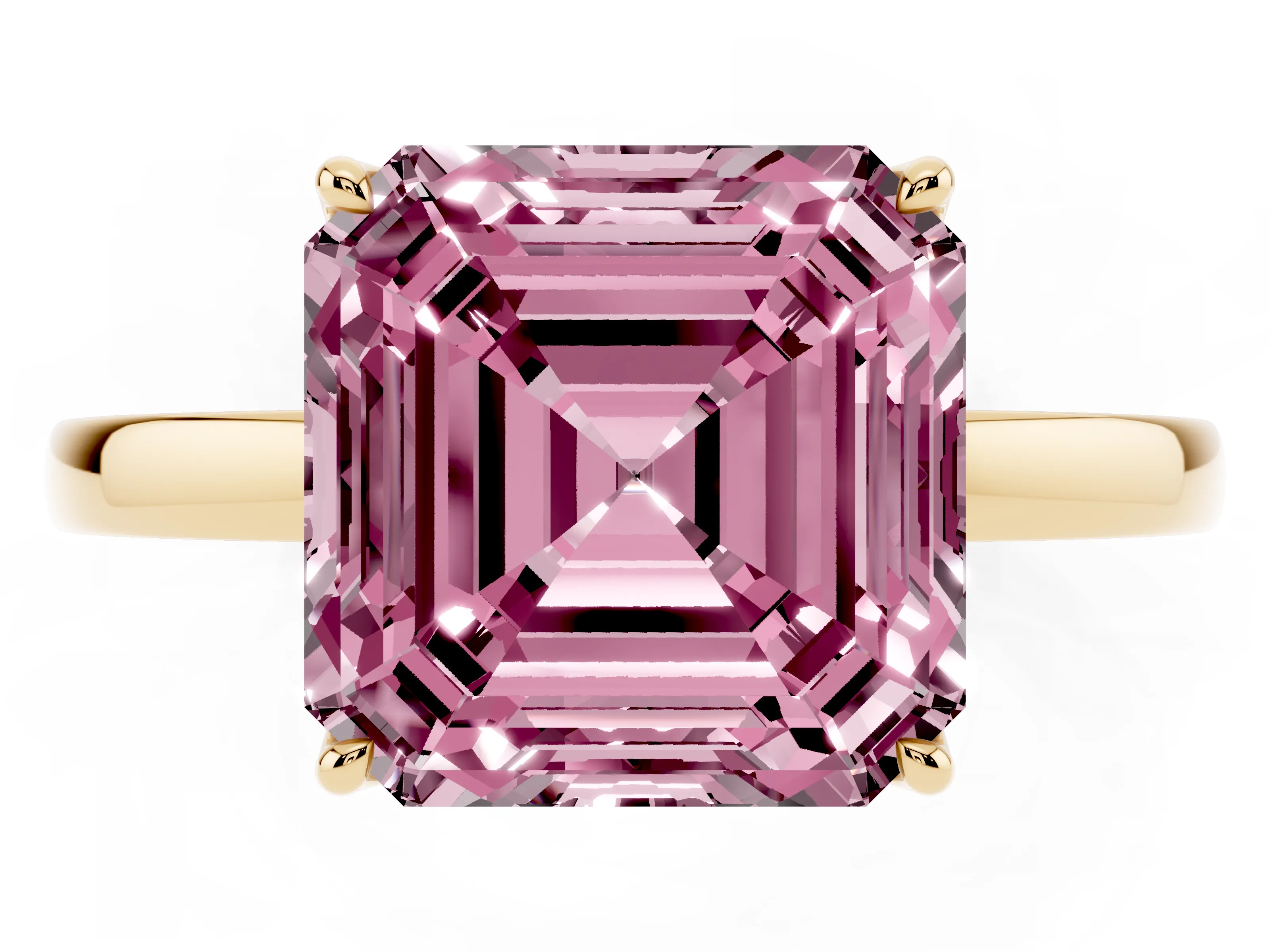 Fancy Pink Asscher Cut Diamond Solitaire Ring Set in Yellow gold with Prong Setting and Thin Polished Band