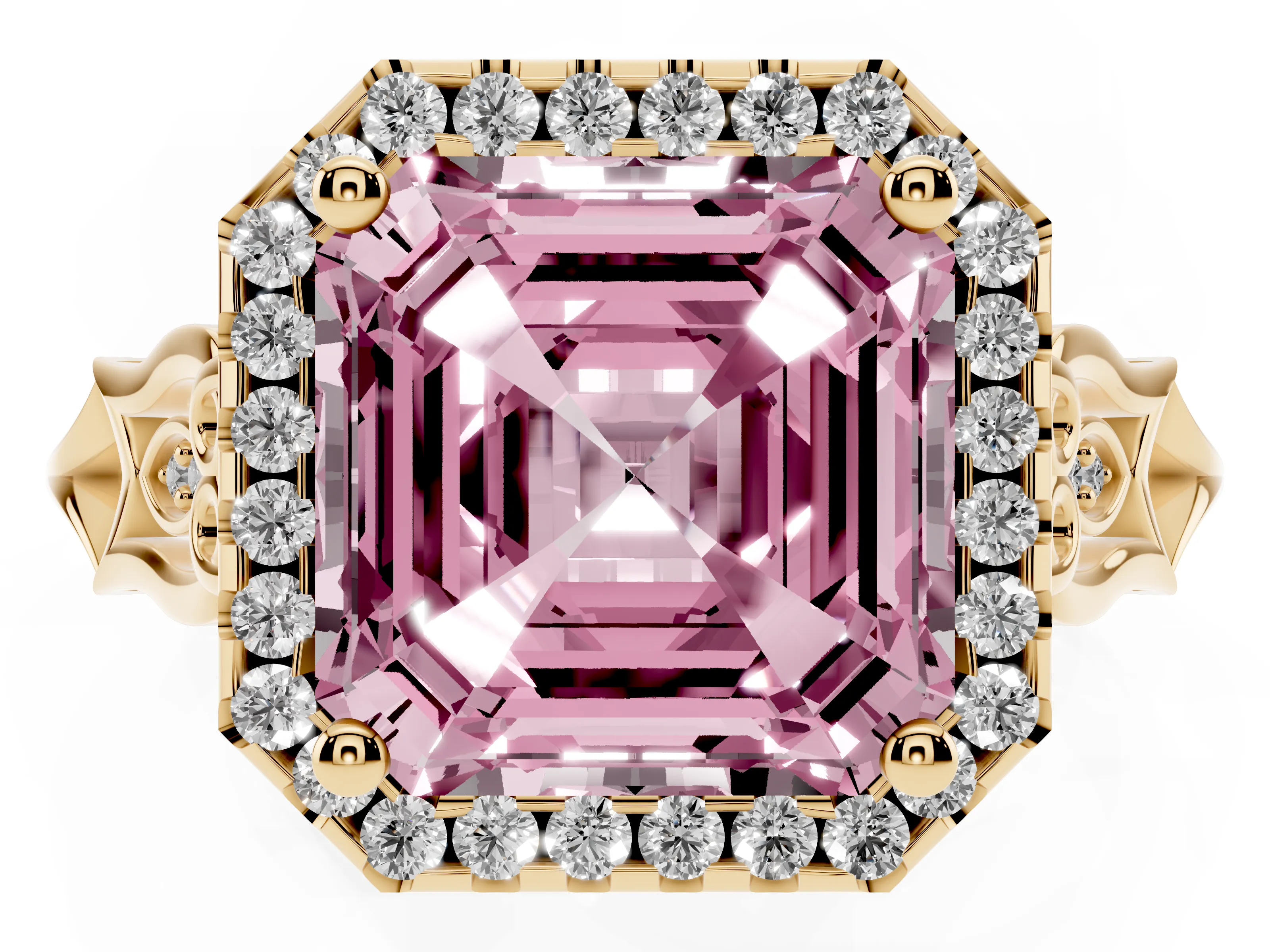 Fancy Pink Asscher Cut Diamond Halo Engagement Ring Set in Yellow gold with Filigree Band and Prong-Set Center