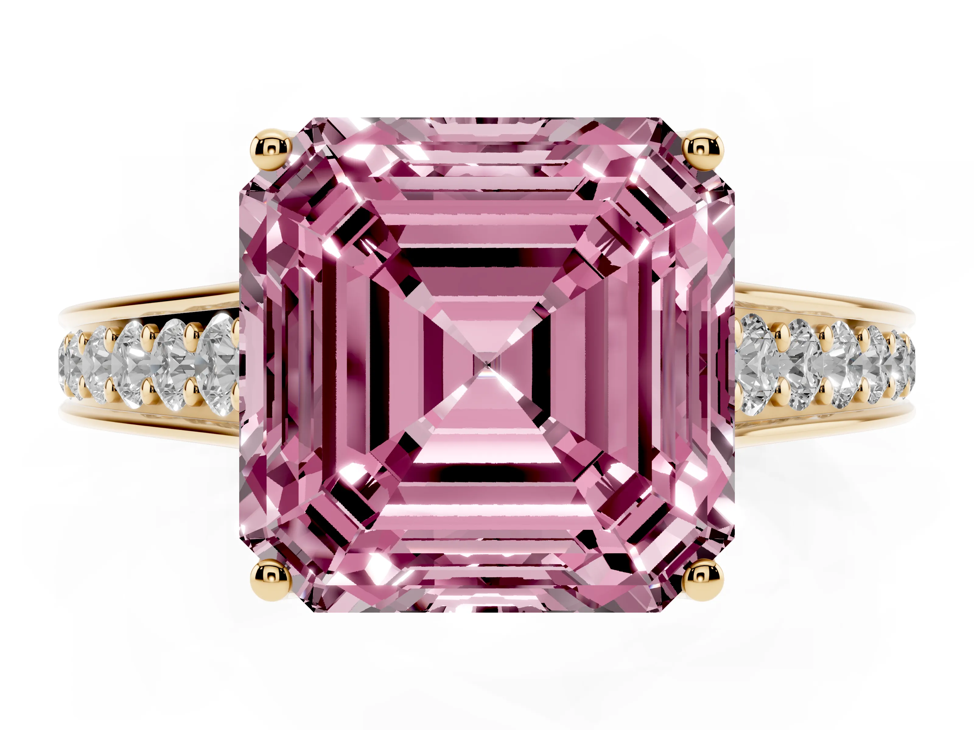 Fancy Pink Asscher Cut Diamond Solitaire Pavé Engagement Ring Set in Yellow gold with Prong Setting