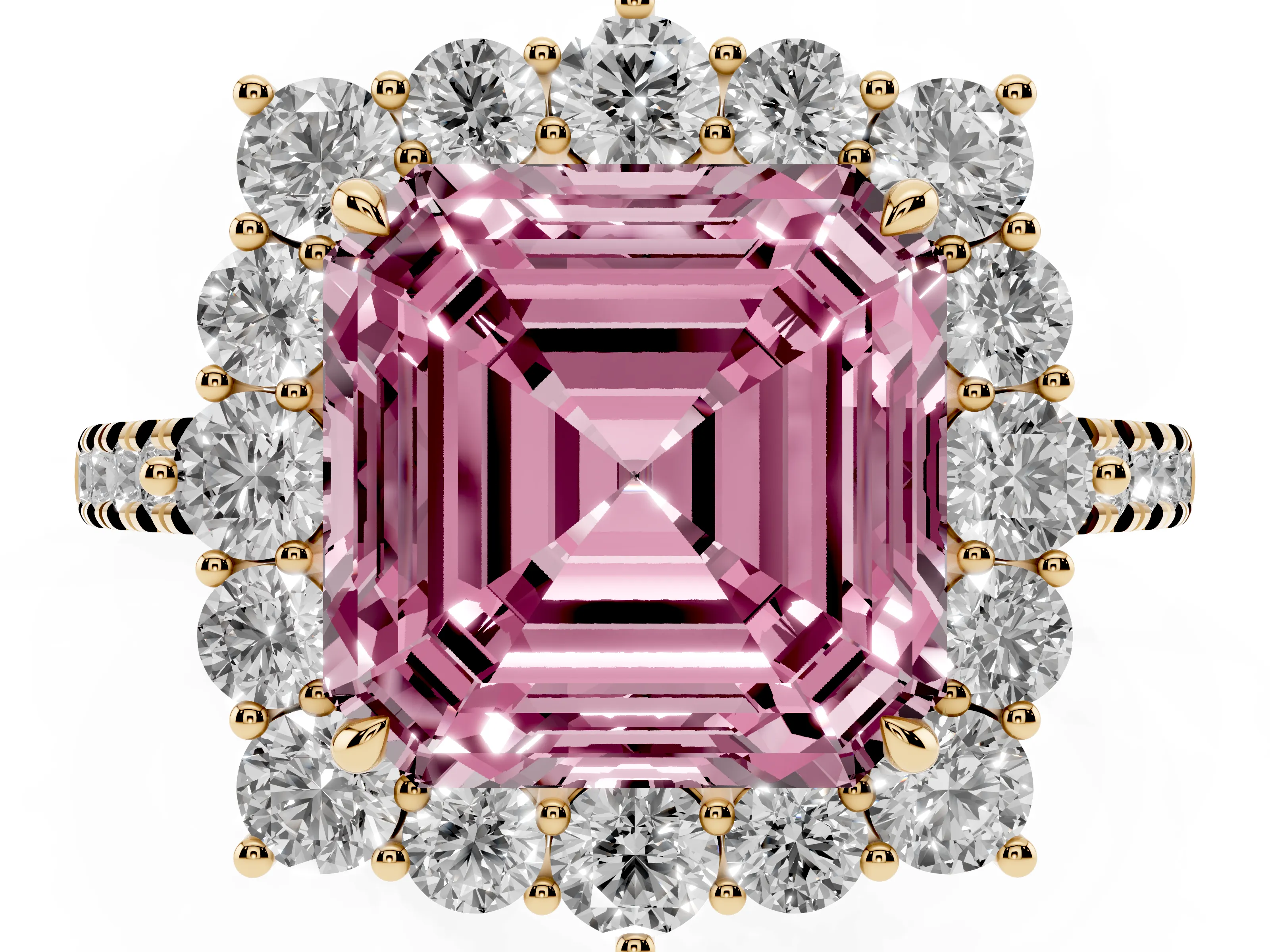 Fancy Pink Asscher Cut Diamond Halo Ring Set in Yellow gold with Pavé Band and Prong Setting
