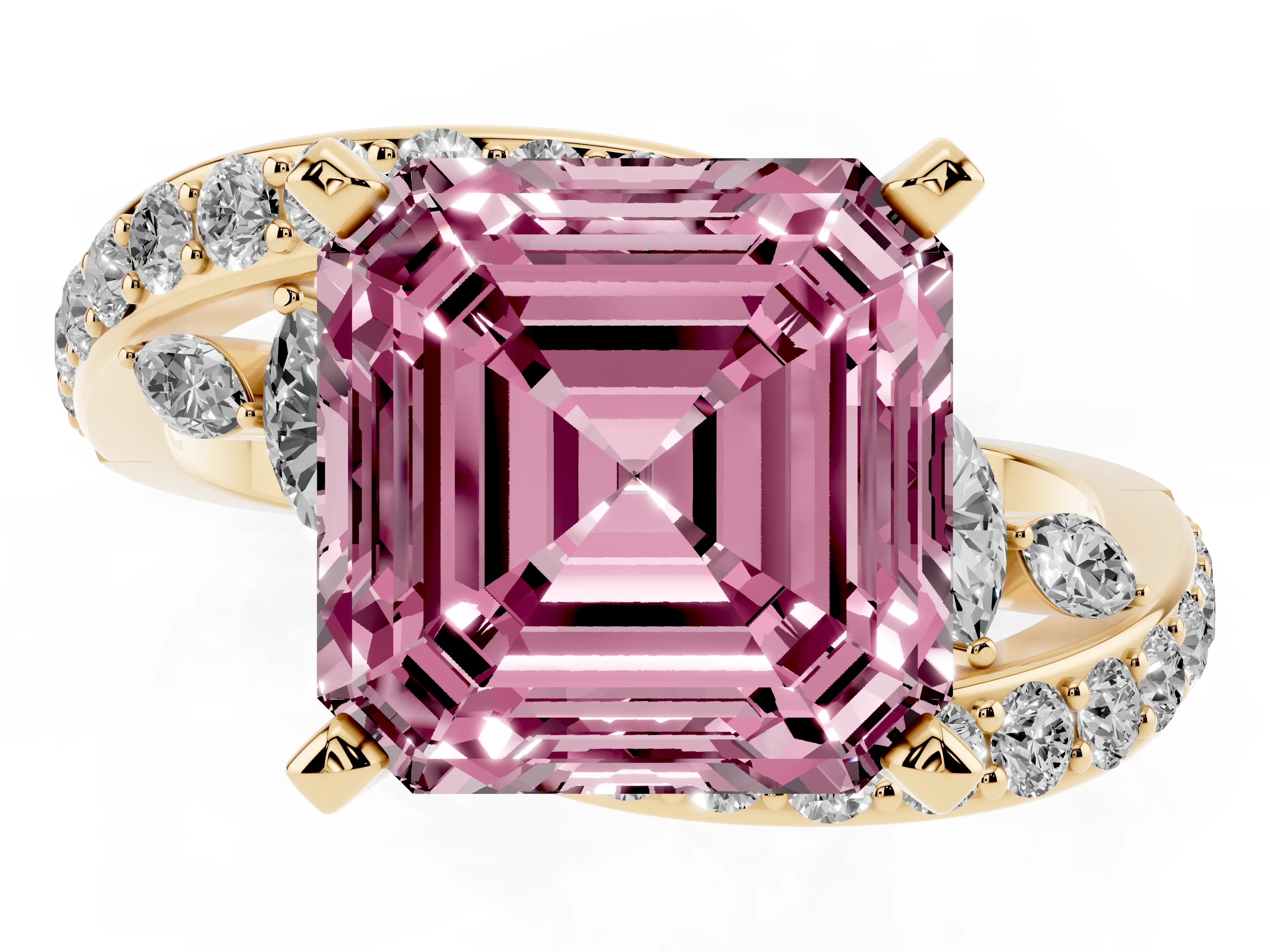 Fancy Pink Asscher Cut Diamond Solitaire Ring Set in Yellow gold with Pavé Twist Band and Secure Prong Setting