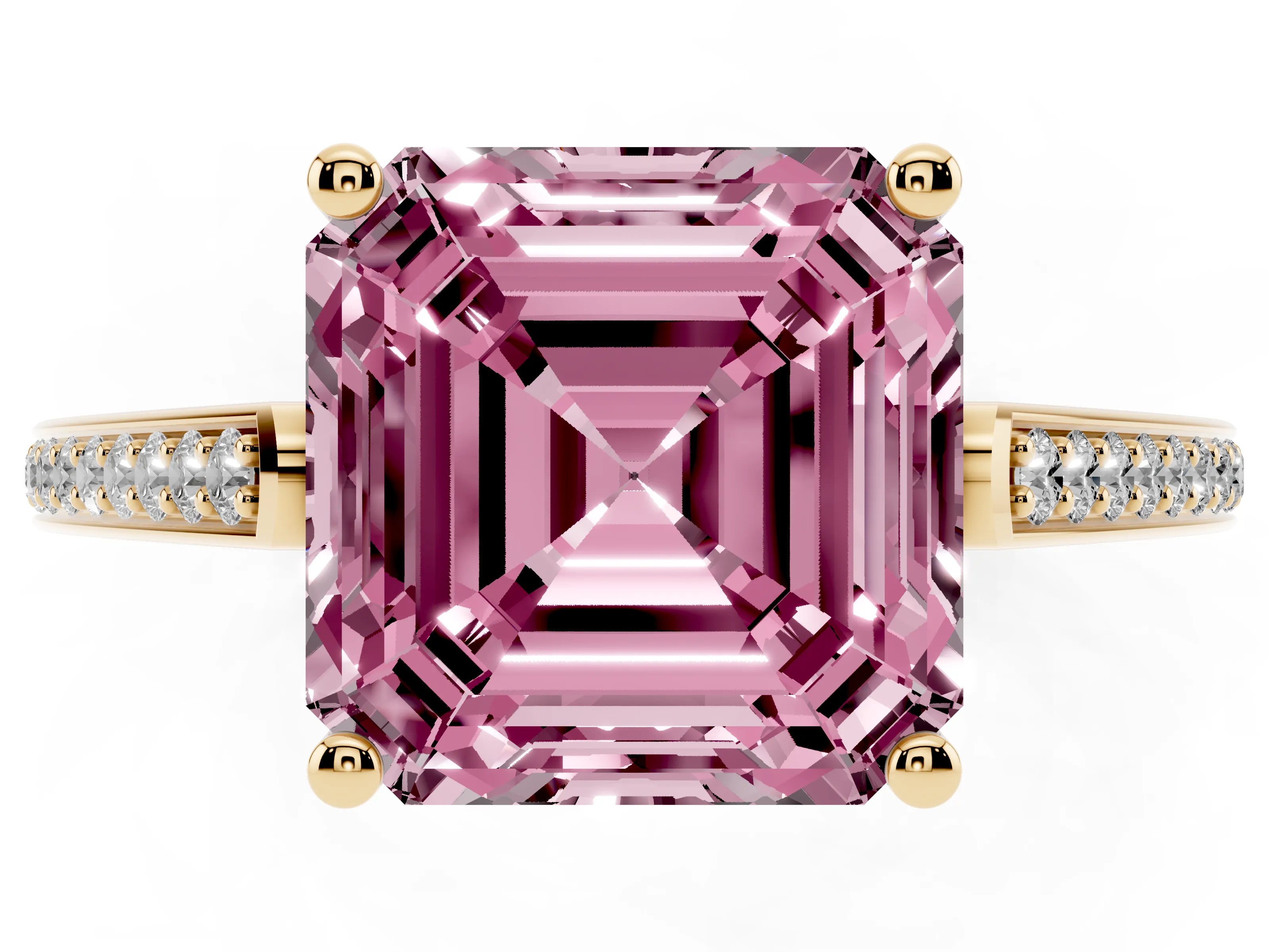 Fancy Pink Asscher Cut Diamond Cathedral Pavé Engagement Ring Set in Yellow gold with Prong Setting