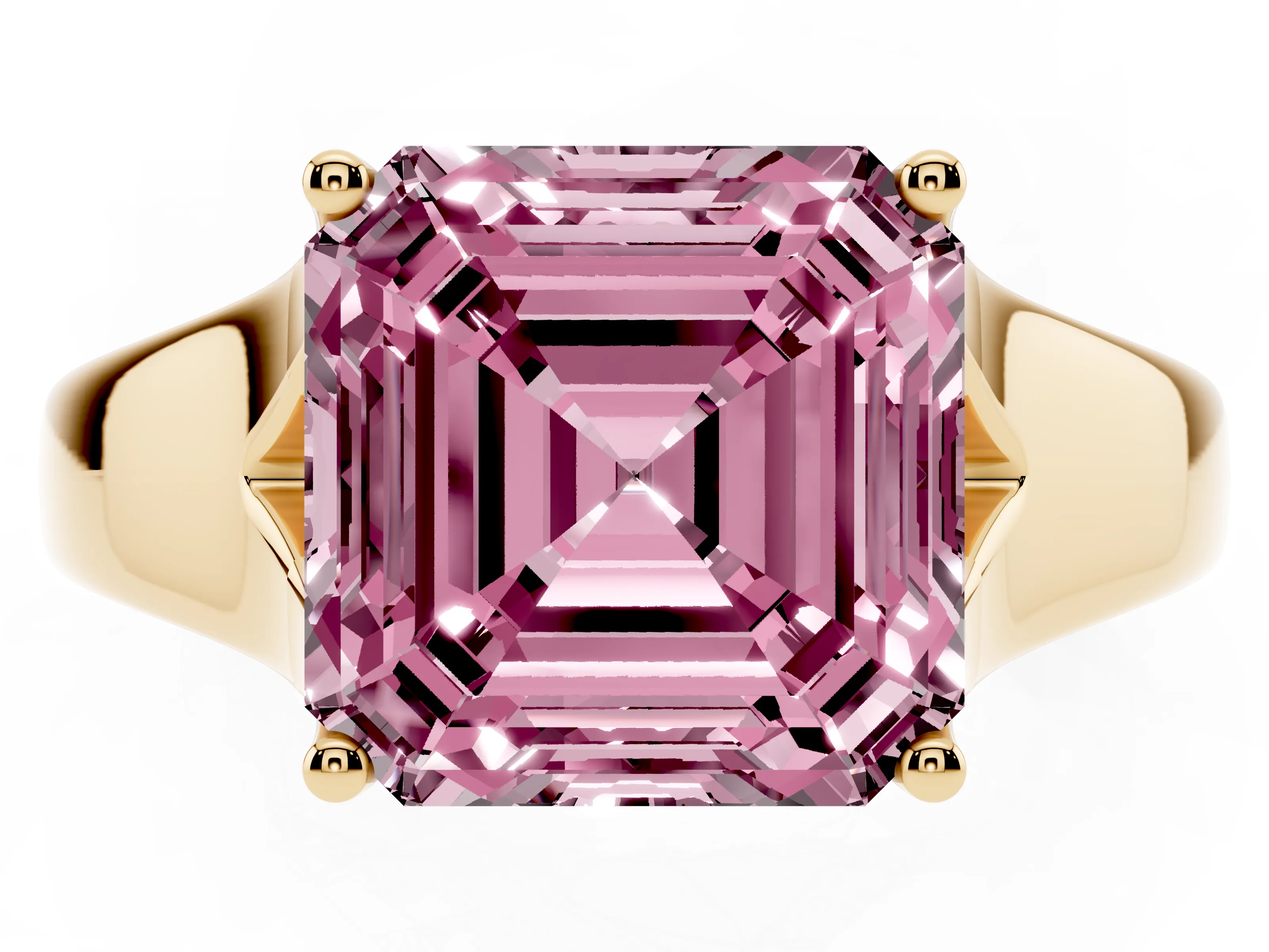 Fancy Pink Asscher Cut Diamond Solitaire Ring Set in Yellow gold with Arched Cathedral Band and Prong Setting