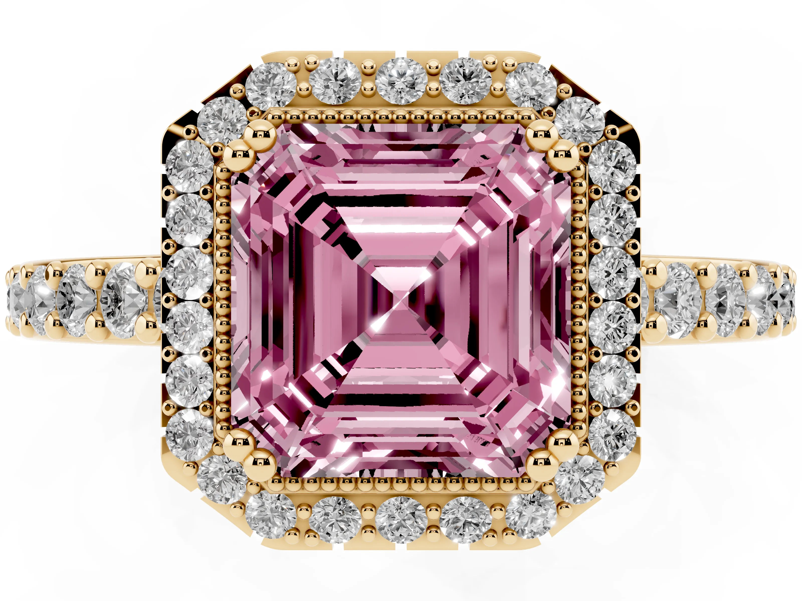 Fancy Pink Asscher Cut Diamond Halo Engagement Ring Set in Yellow gold with Milgrain Detail and Pavé Band