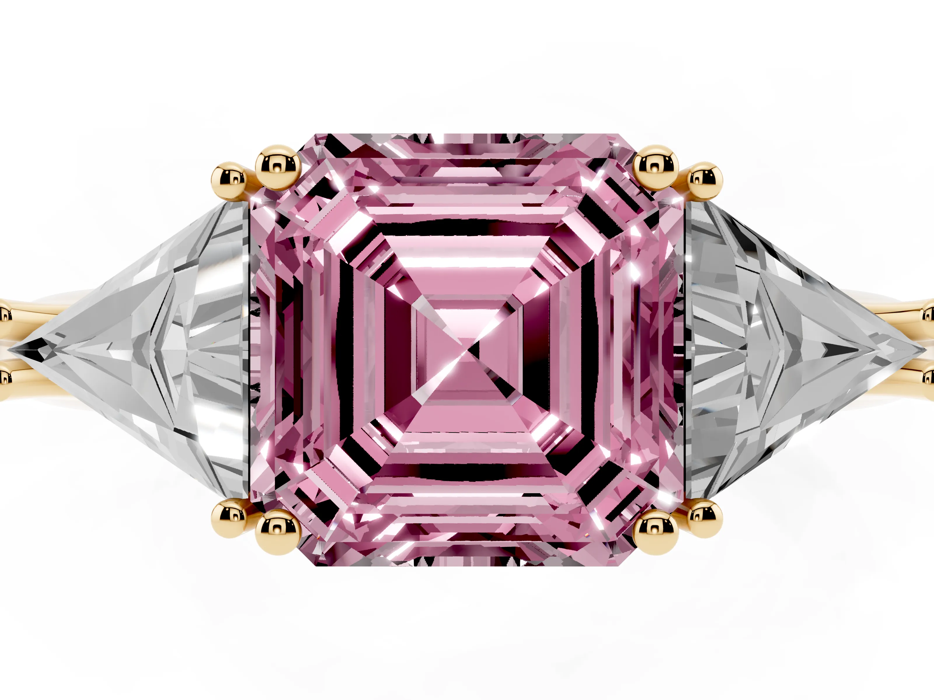 Fancy Pink Asscher Cut Diamond Three-Stone Engagement Ring Set in Yellow gold with Trillion Side Stones