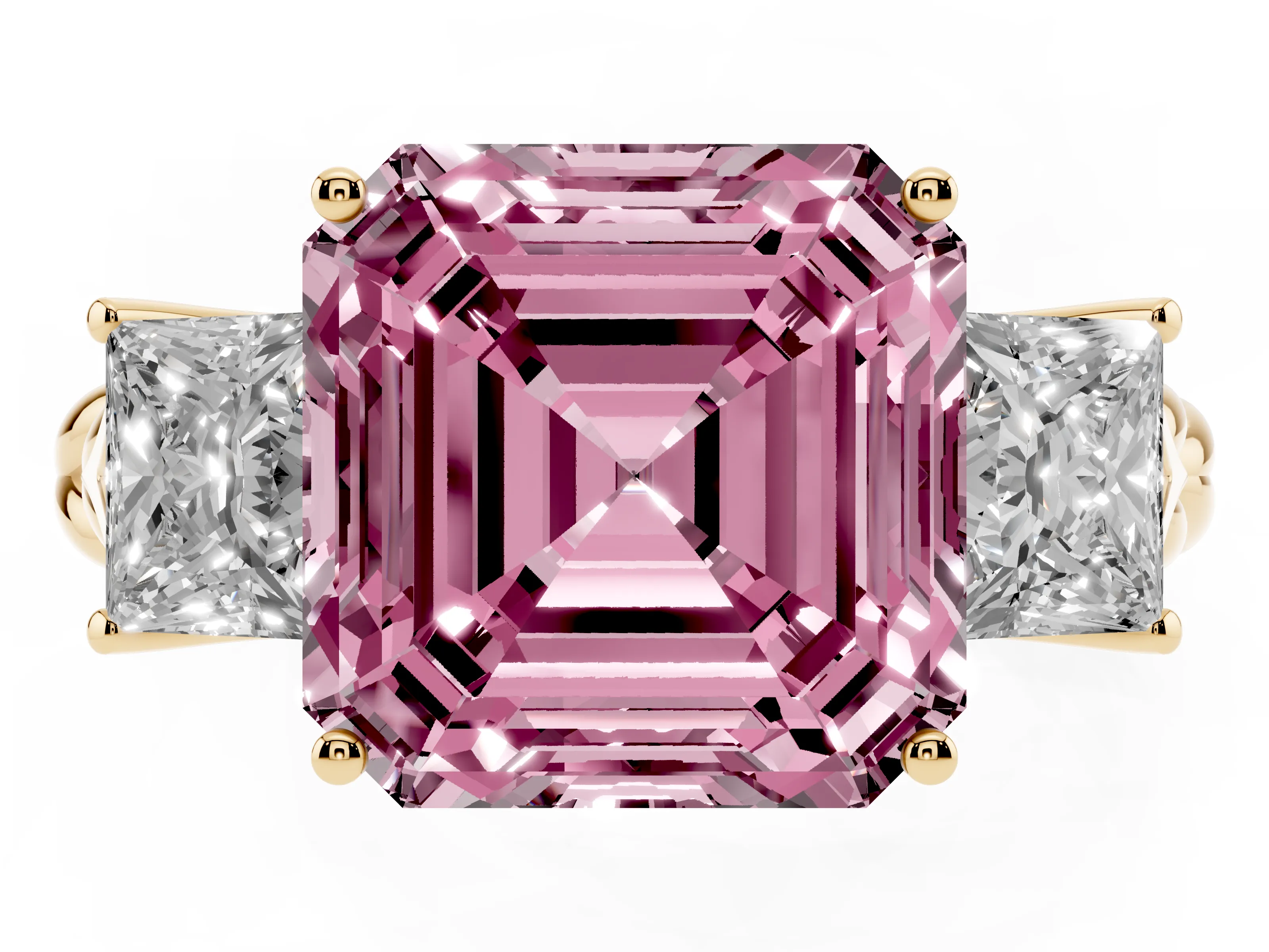 Fancy Pink Asscher Cut Diamond Three-Stone Ring Set in Yellow gold with Braided Band