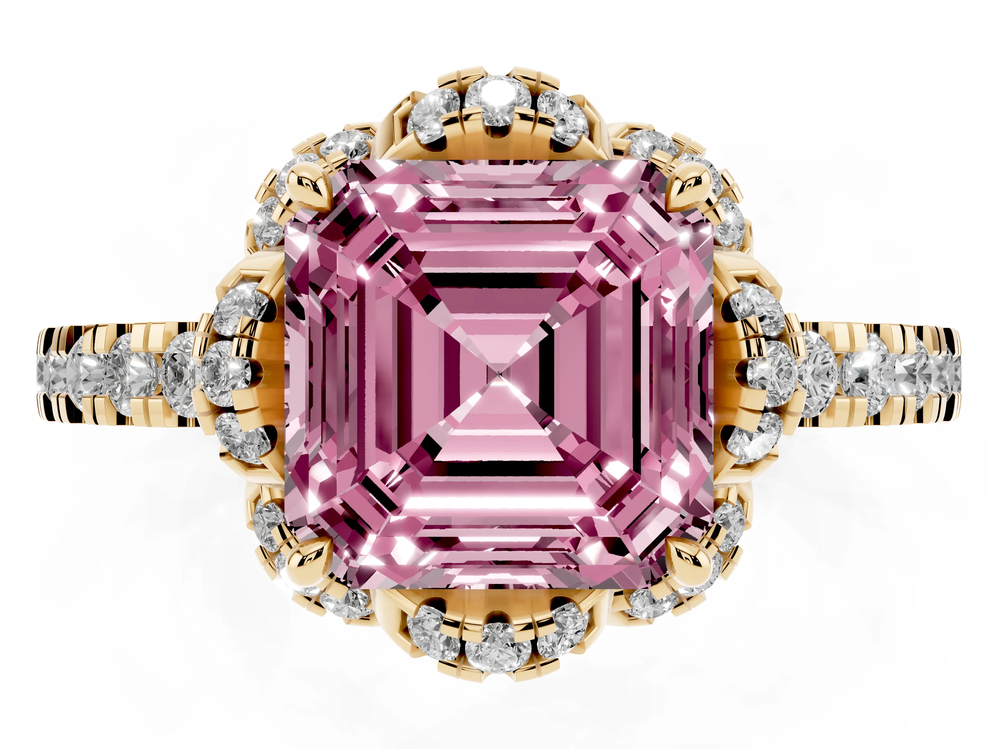 Fancy Pink Asscher Cut Diamond Halo Pavé Ring Set in Yellow gold with Prong-Held Center Stone