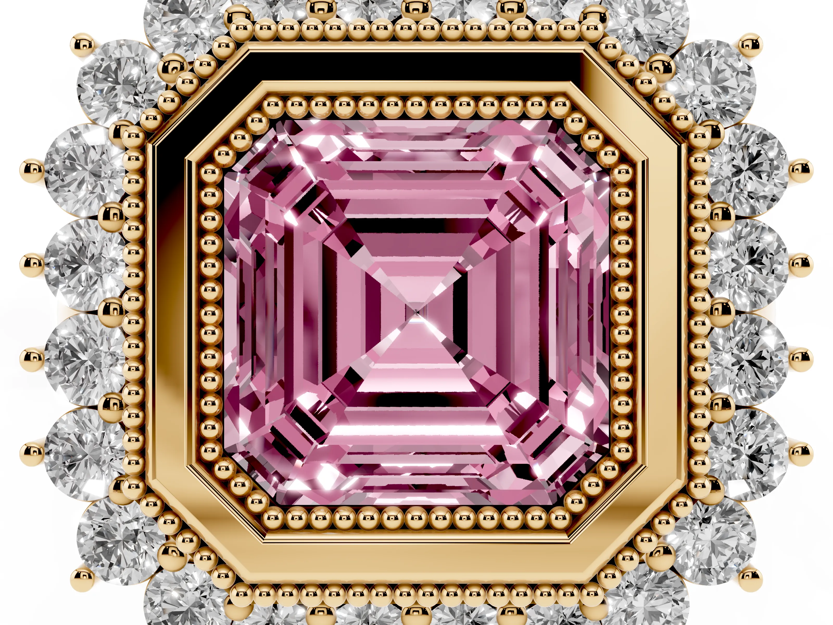 Fancy Pink Asscher Cut Diamond Halo Ring Set in Yellow gold with Milgrain Edge and Round Prong Setting