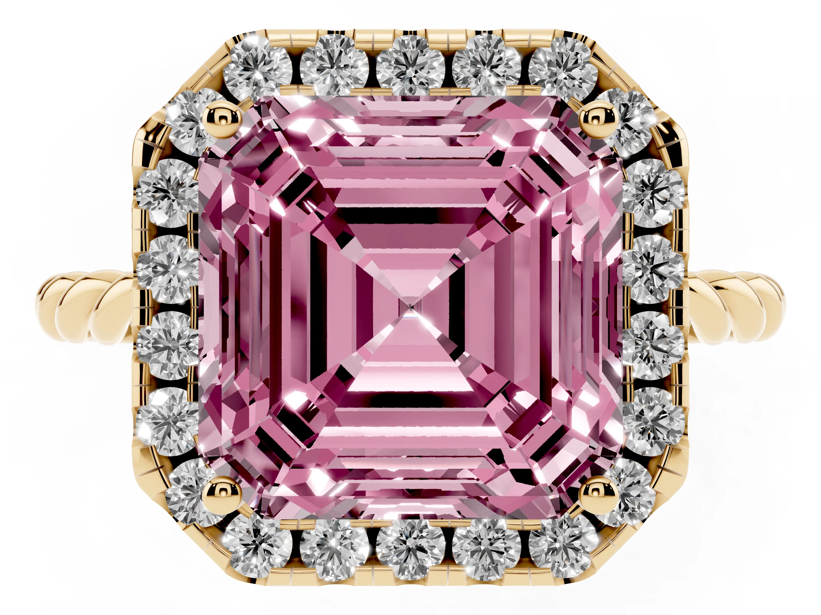 Fancy Pink Asscher Cut Diamond Halo Ring Set in Yellow gold with Plain Twisted Band