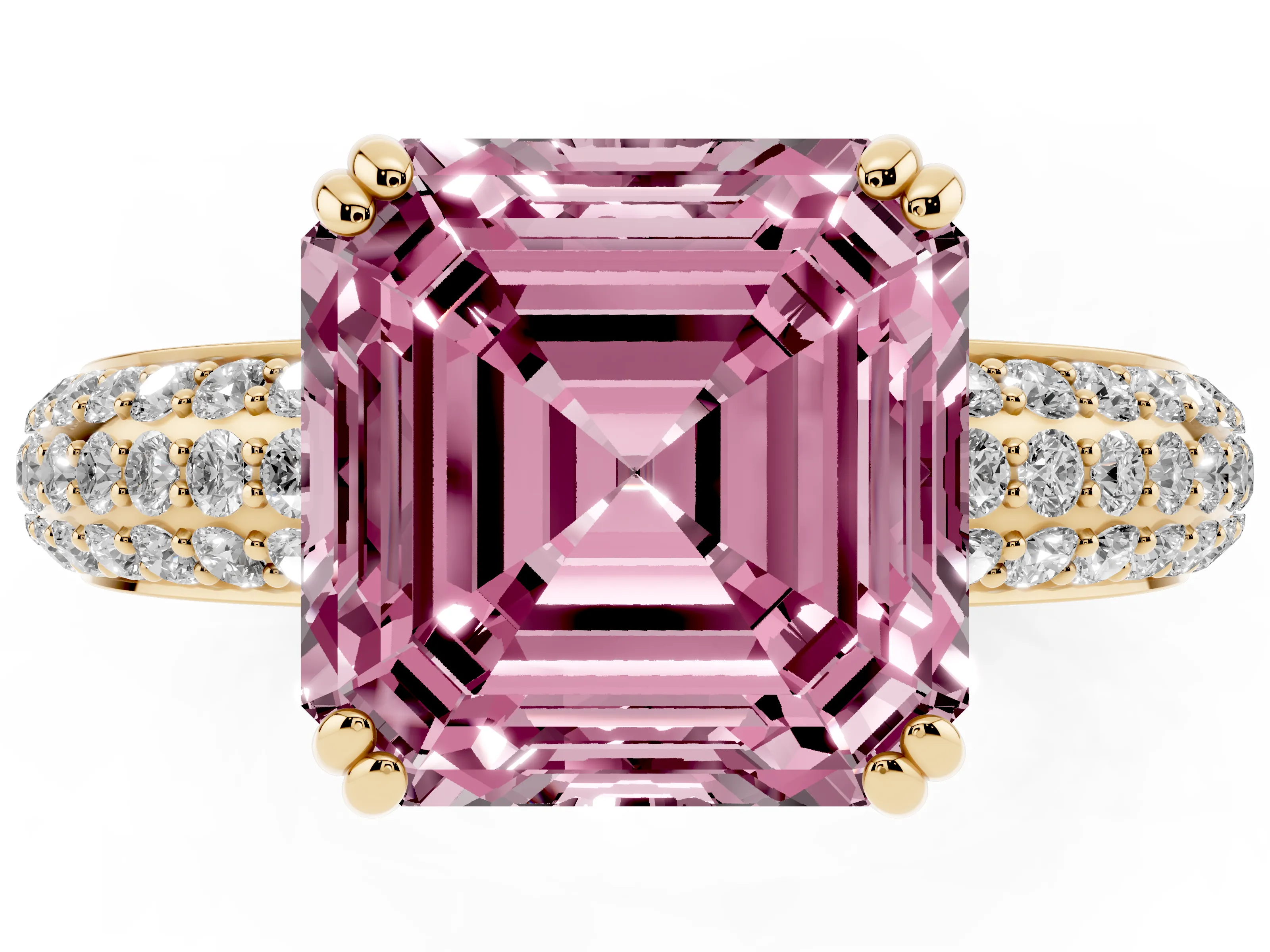 Fancy Pink Asscher Cut Diamond Solitaire Ring Set in Yellow gold with Multi-Row Round Pavé Band and Prong Setting