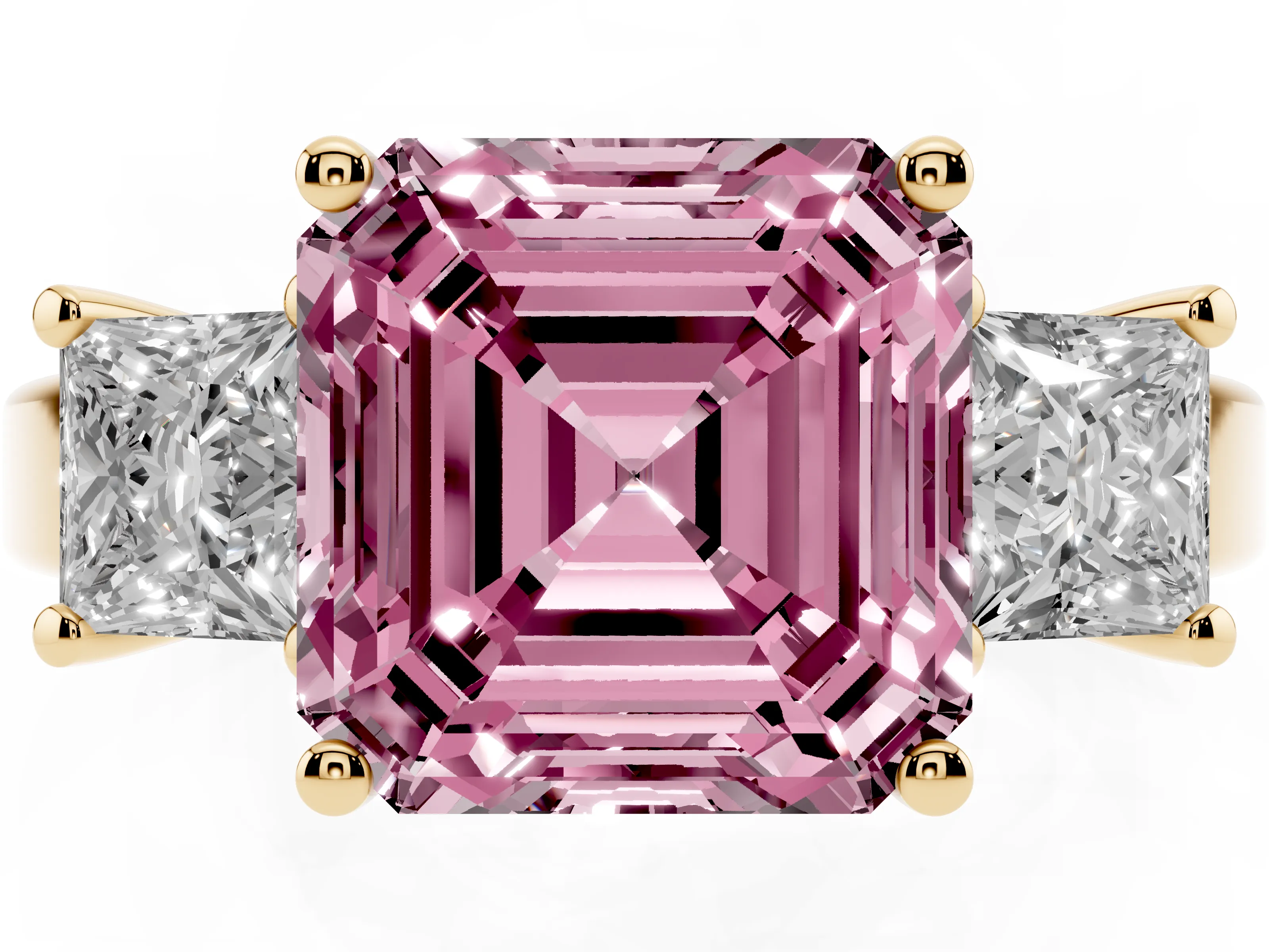 Fancy Pink Three-Stone Asscher Cut Diamond Solitaire Ring Set in Yellow gold with Prong Setting