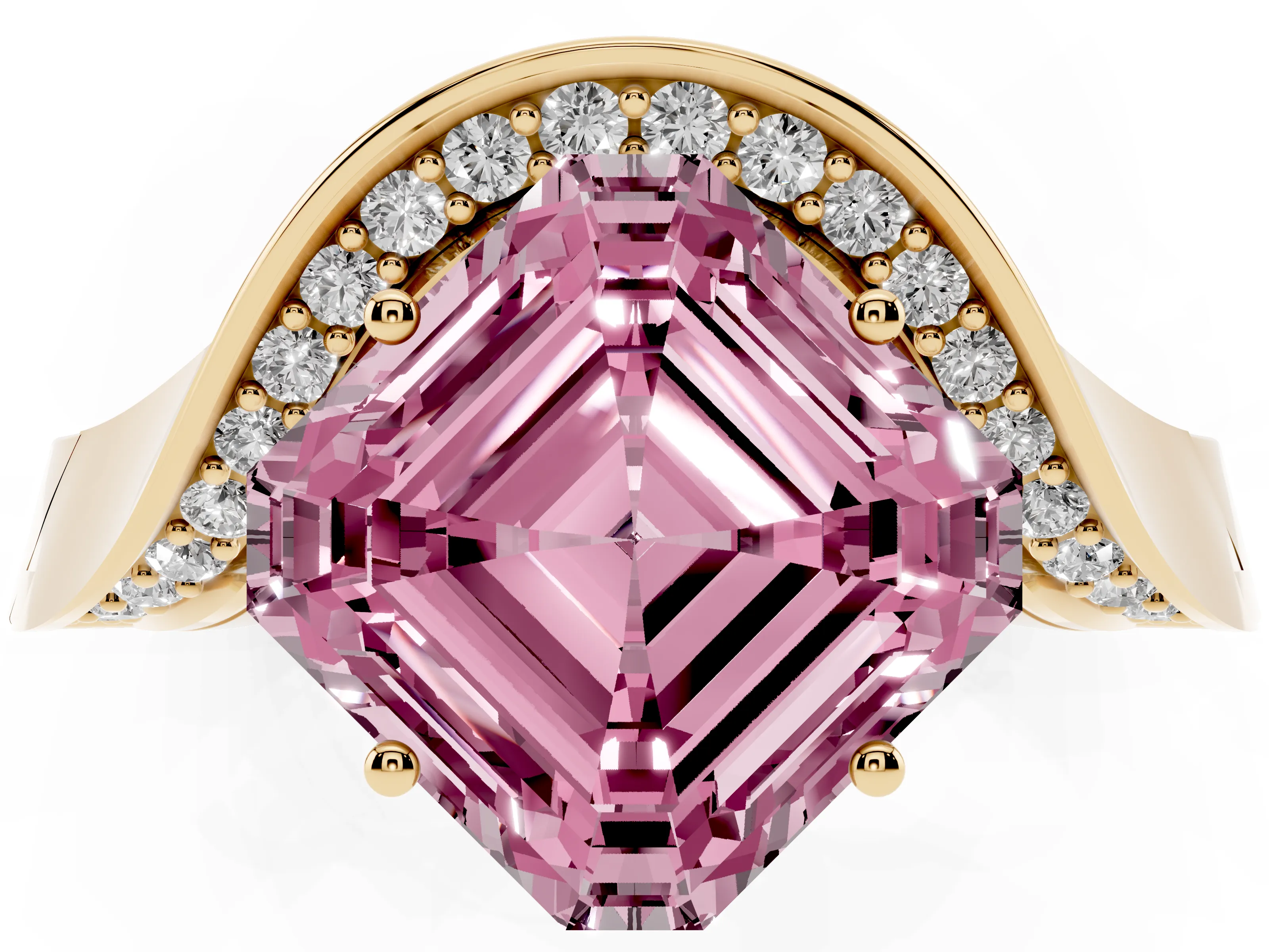 Fancy Pink Asscher Cut Diamond Solitaire Engagement Ring Set in Yellow gold with Pavé Shoulders