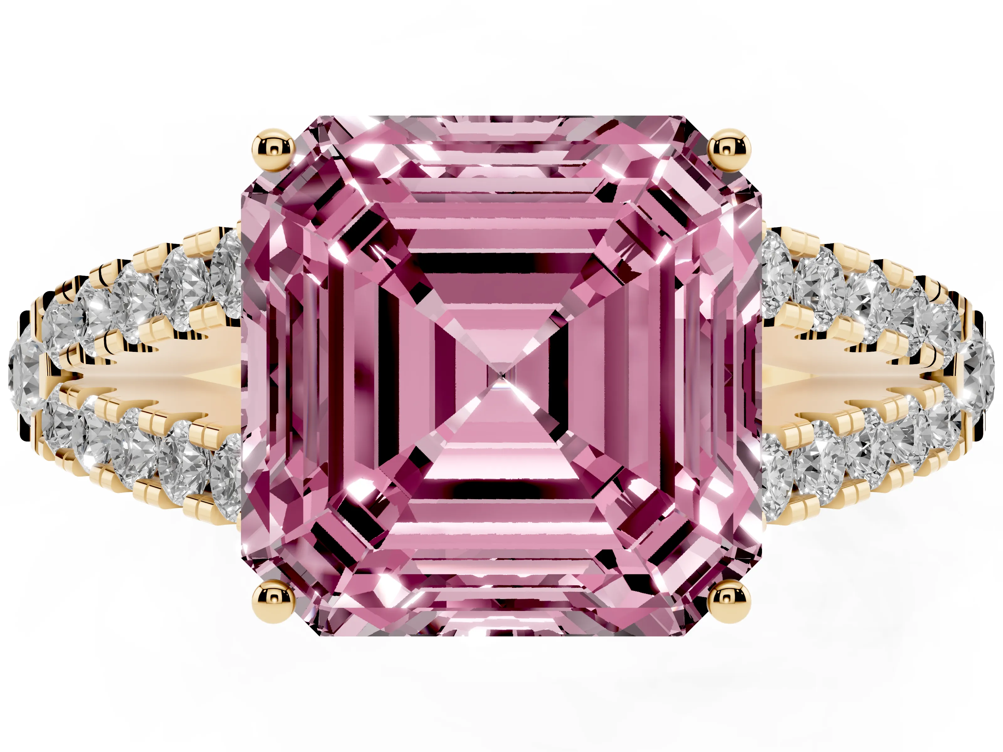 Fancy Pink Asscher Cut Diamond Split Shank Pavé Engagement Ring Set in Yellow gold with Prong-Held Center Stone