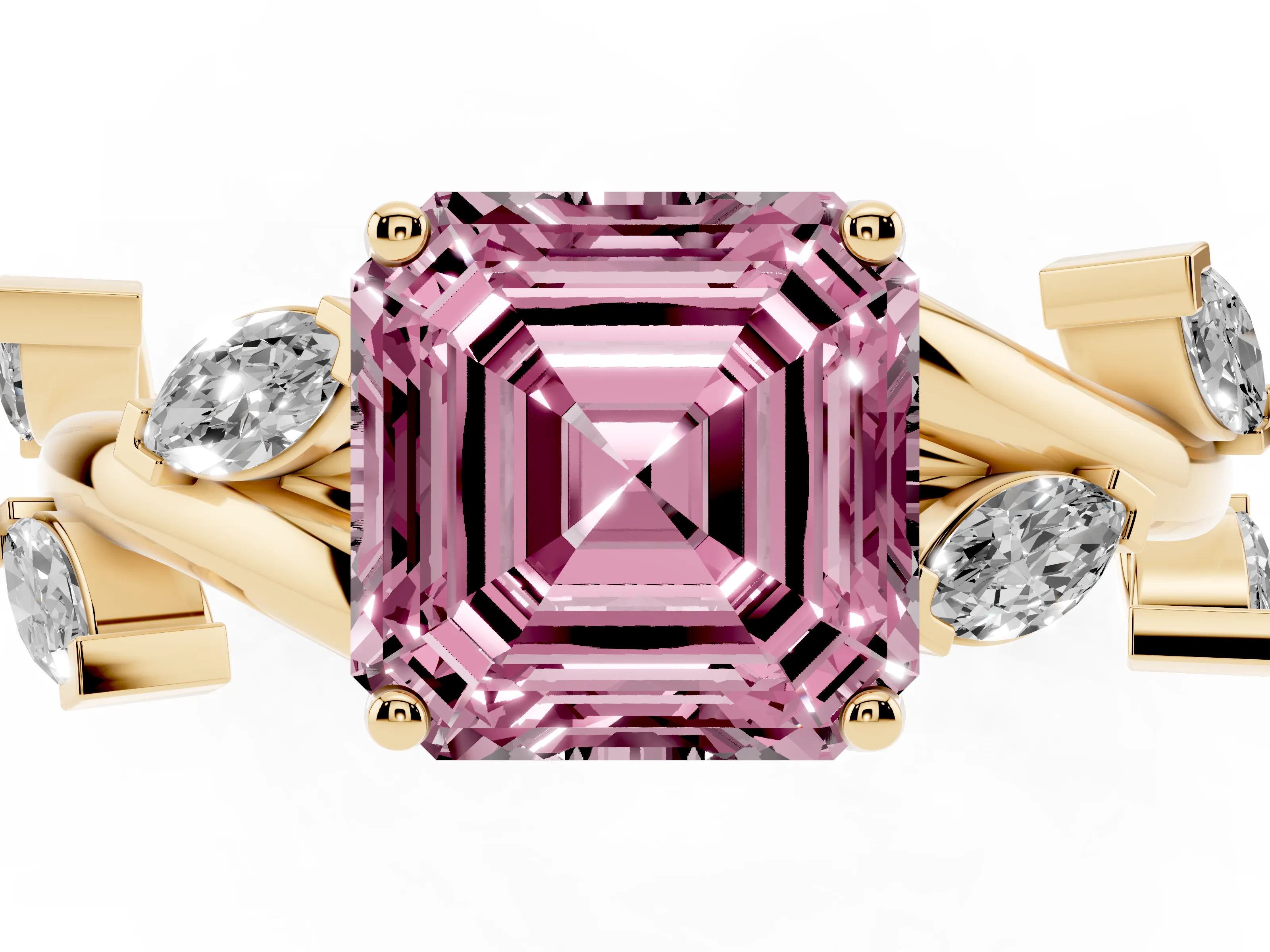 Fancy Pink Asscher Cut Diamond Solitaire Ring Set in Yellow gold with Twisted Marquise Accent Band