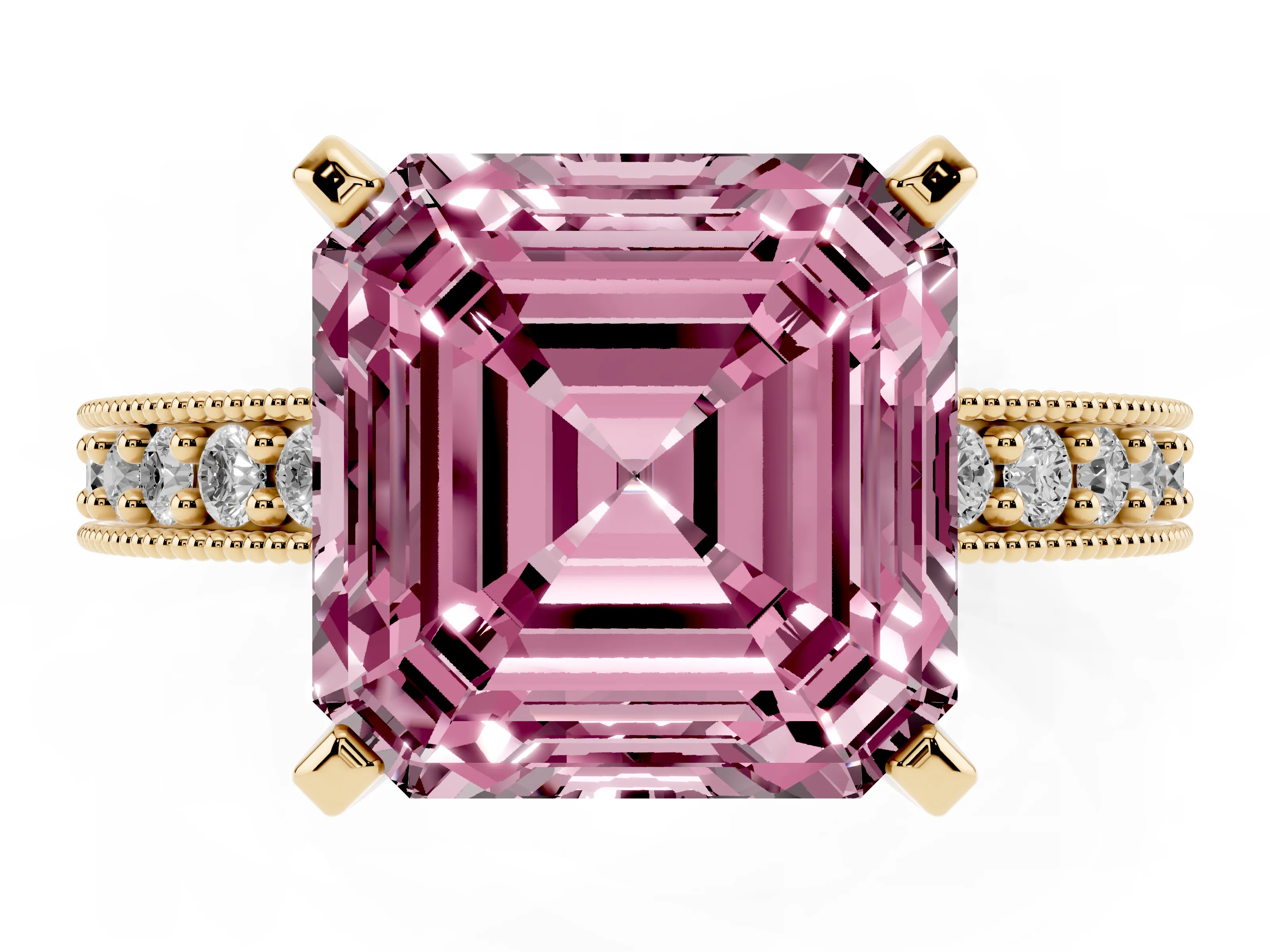 Fancy Pink Asscher Cut Diamond Milgrain Pavé Engagement Ring Set in Yellow gold with Prong Setting