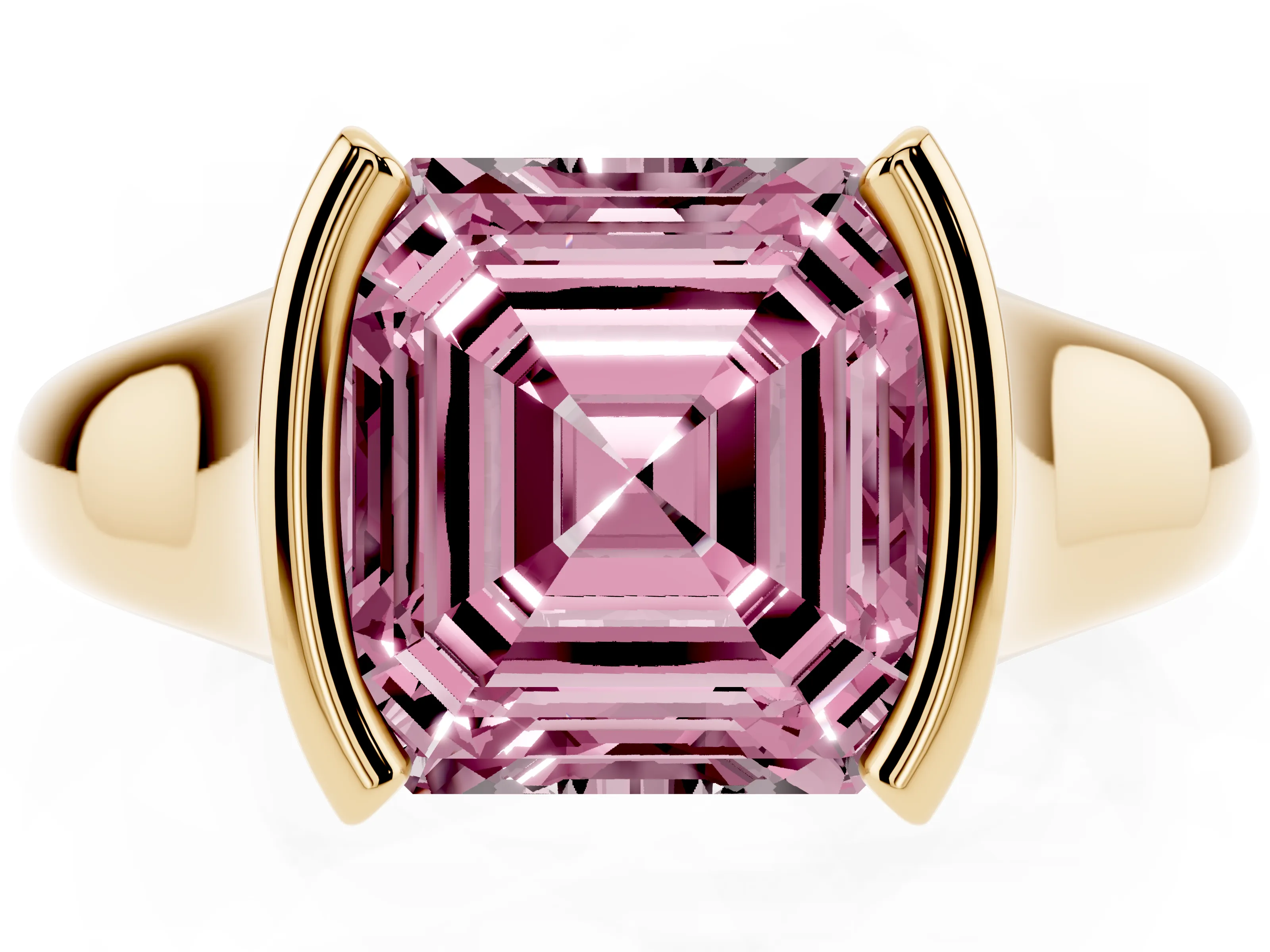 Fancy Pink Asscher Cut Diamond Solitaire Tension Set Ring Set in Yellow gold with Split Shank Band