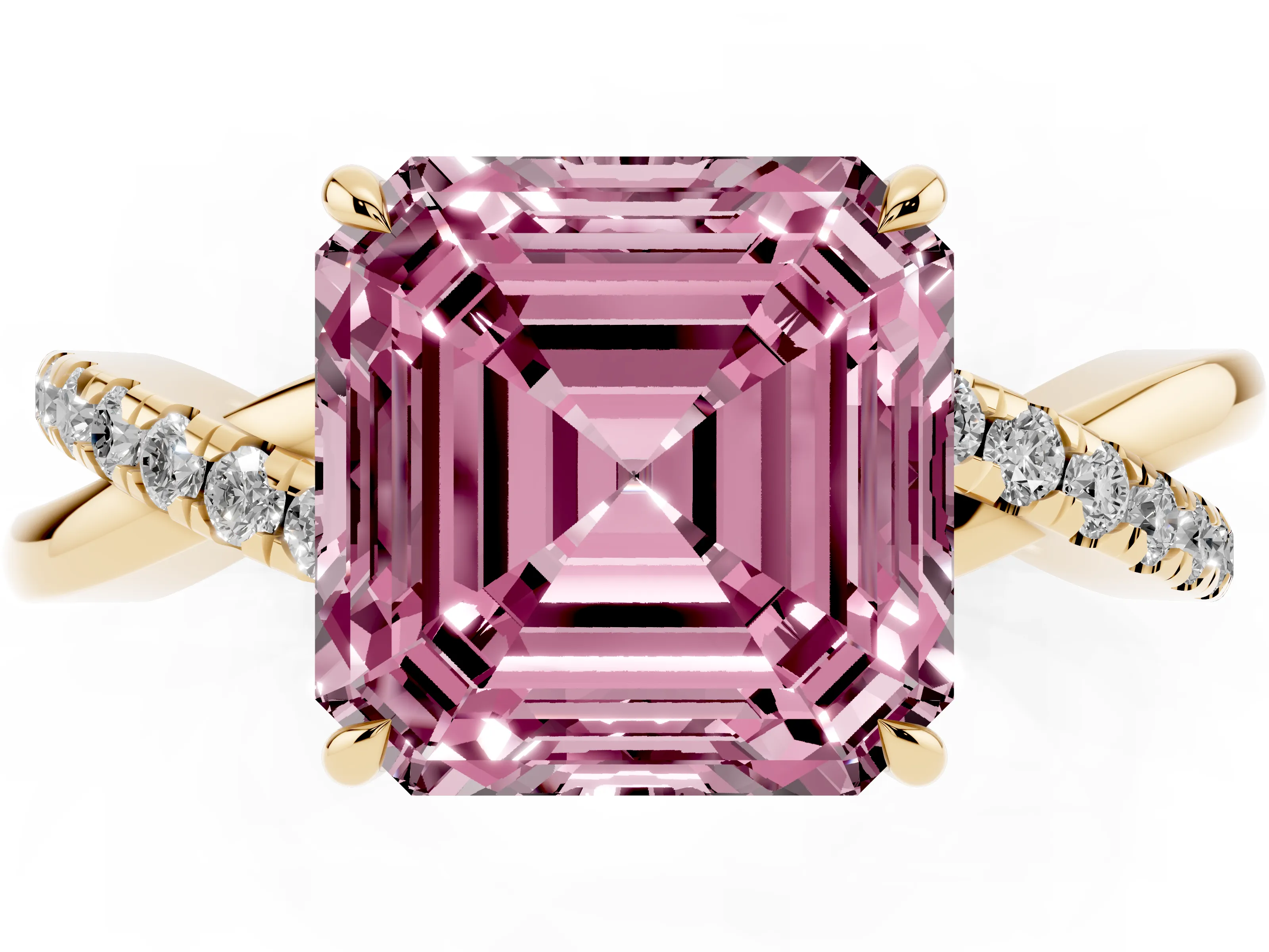 Fancy Pink Asscher Cut Diamond Twisted Pavé Band Ring Set in Yellow gold with Prong Setting