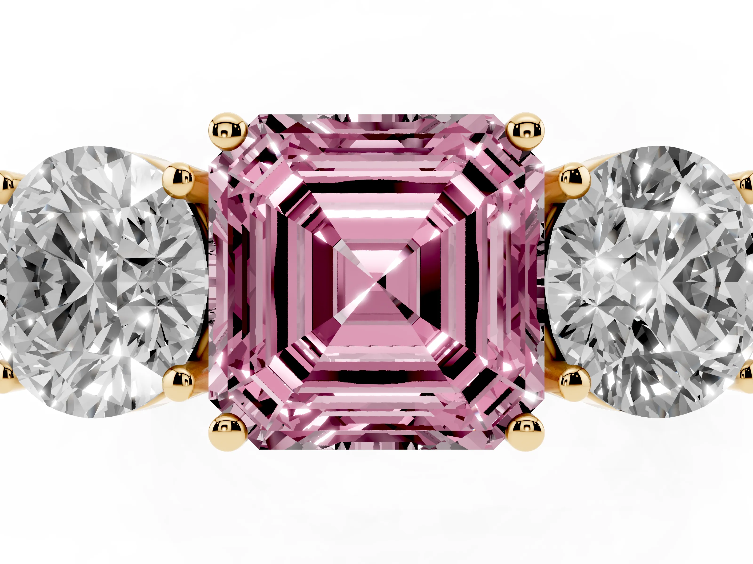Fancy Pink Asscher Cut Diamond Three-Stone Ring Set in Yellow gold with Channel-Set Accent Band