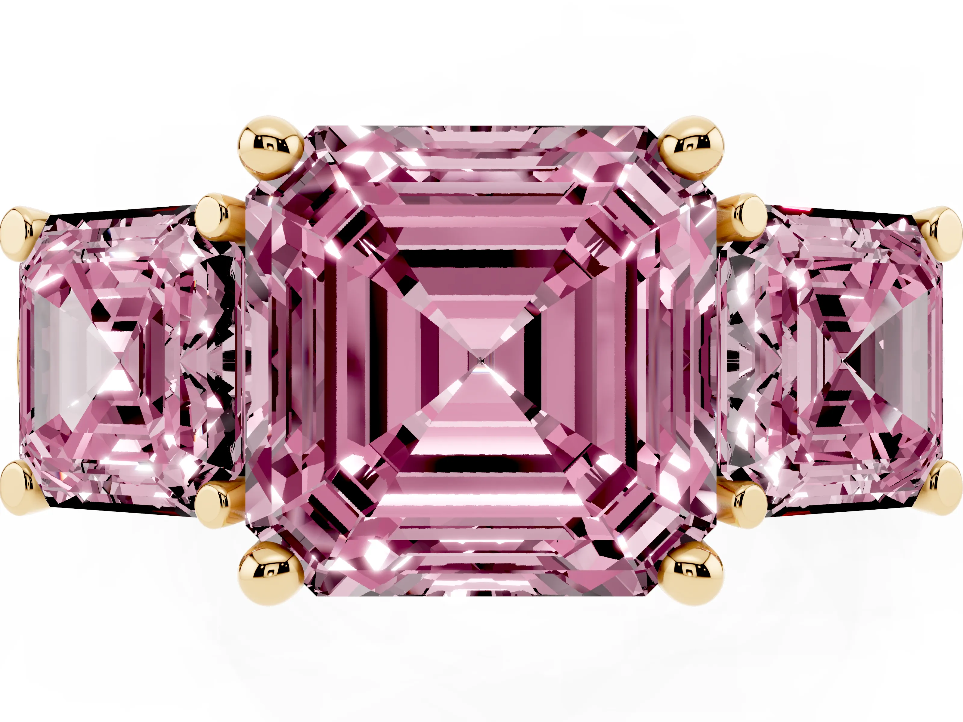 Fancy Pink Asscher Cut Diamond Three-Stone Trellis Ring Set in Yellow gold with Comfort Fit Band