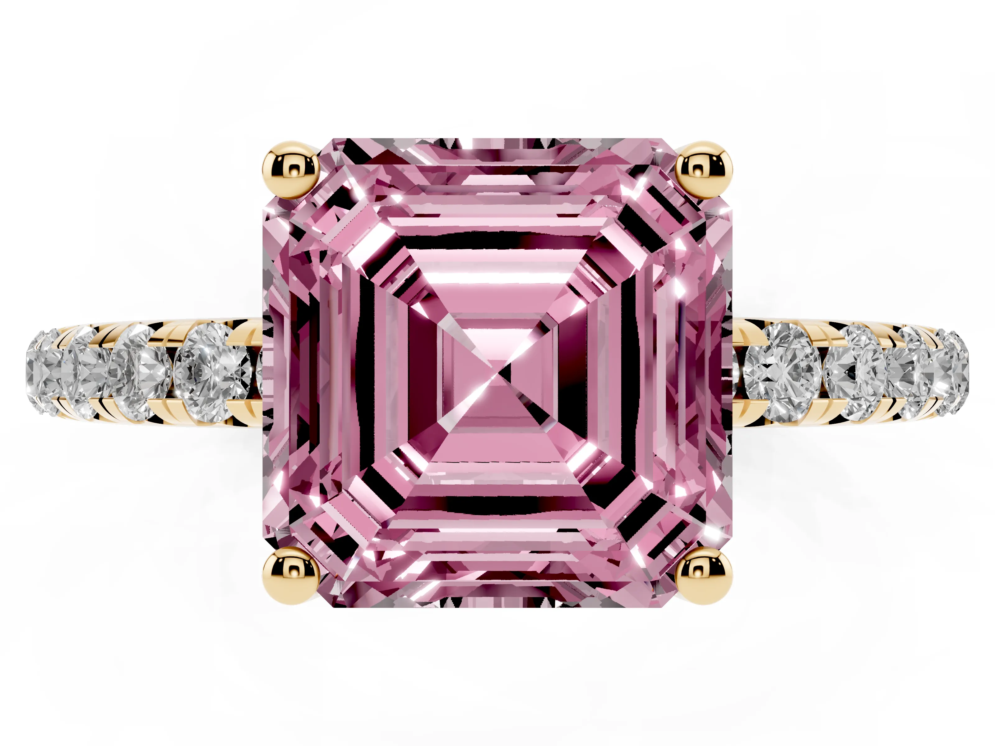 Fancy Pink Asscher Cut Diamond Solitaire Ring Set in Yellow gold with Micro Pavé Band and Prong Setting