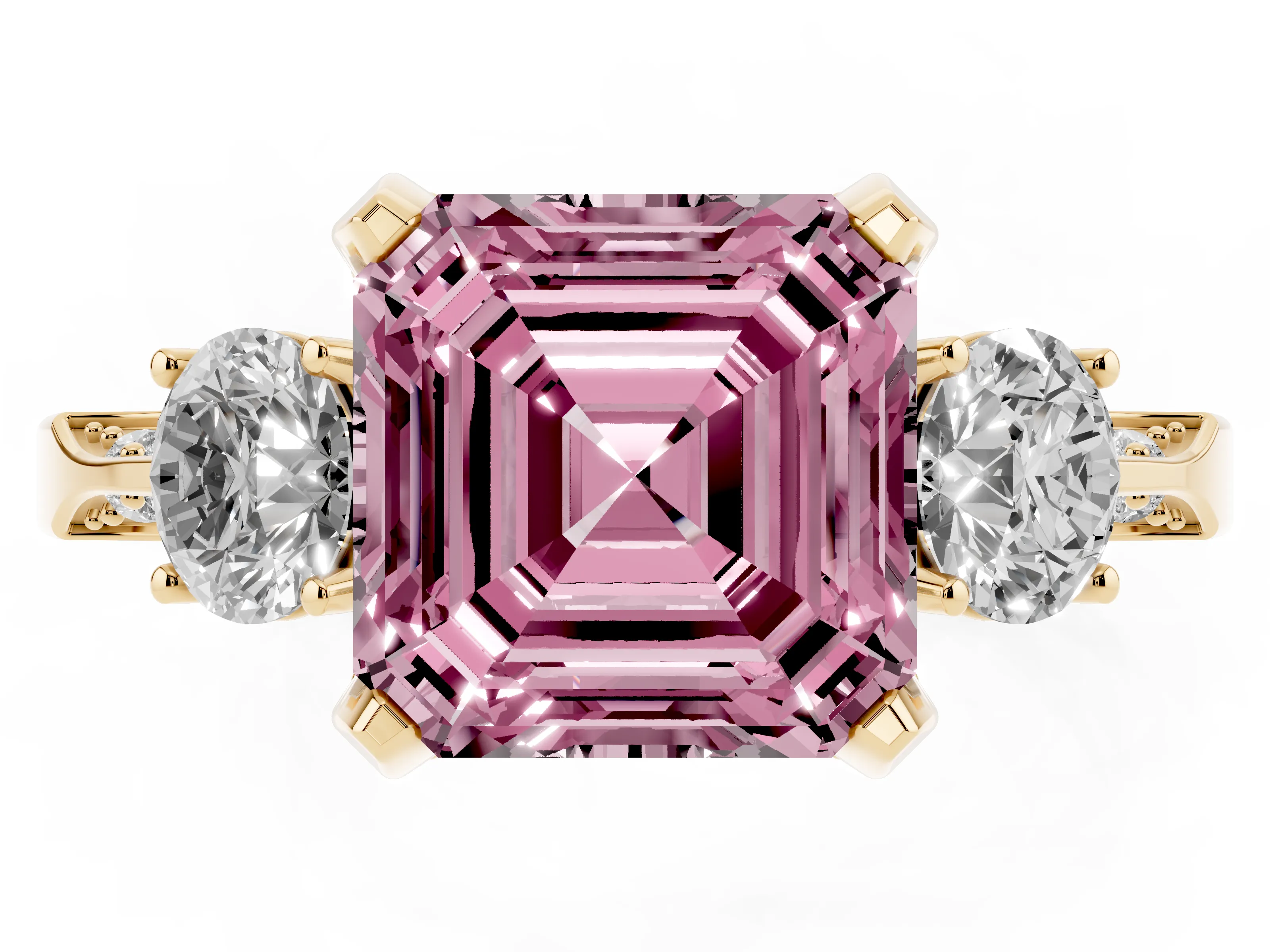 Fancy Pink Asscher Cut Diamond Three-Stone Ring Set in Yellow gold with Pavé Band and Smaller Side Stones