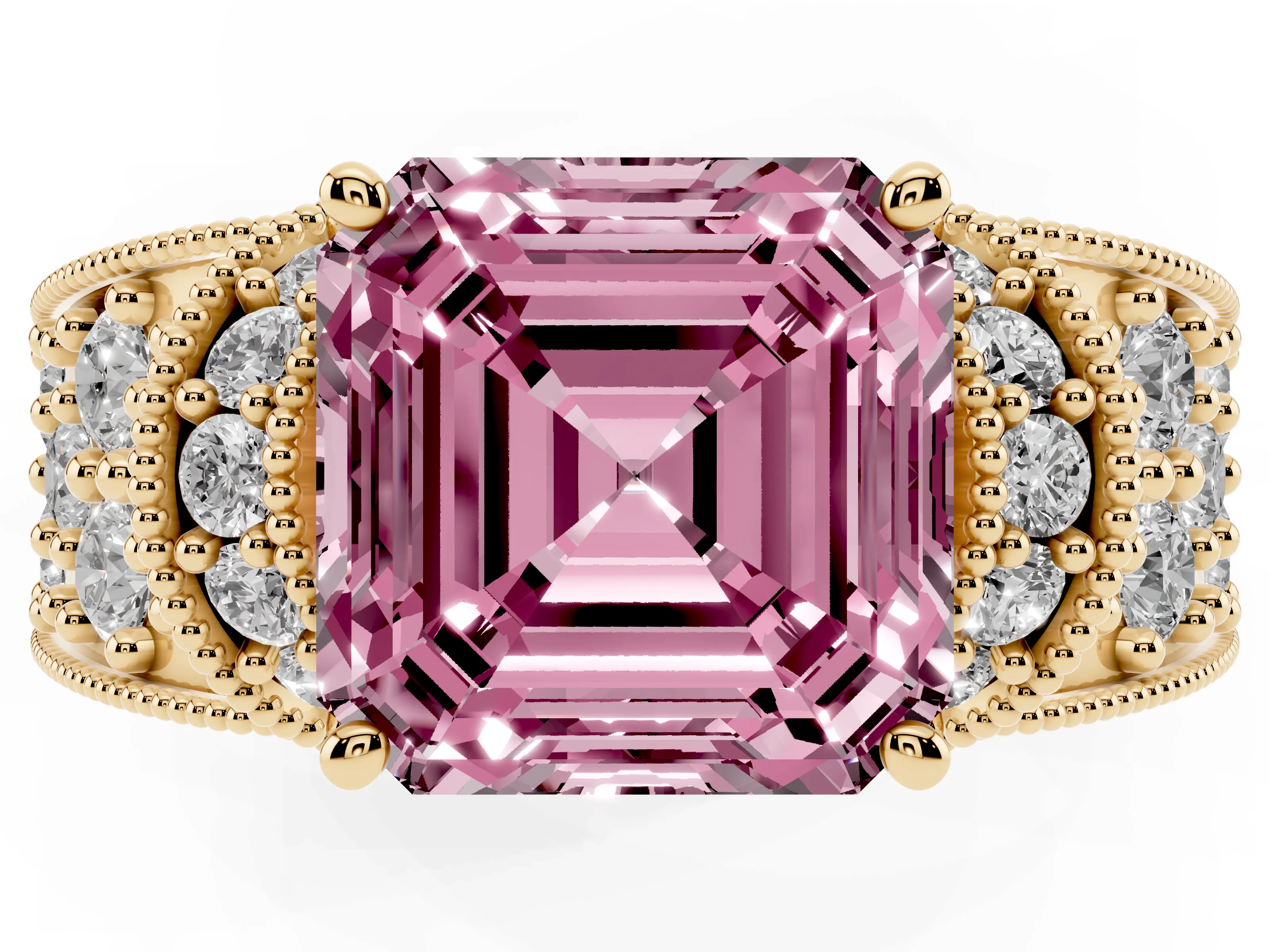 Fancy Pink Asscher Cut Diamond Milgrain Halo Pavé Engagement Ring Set in Yellow gold with Prong Setting