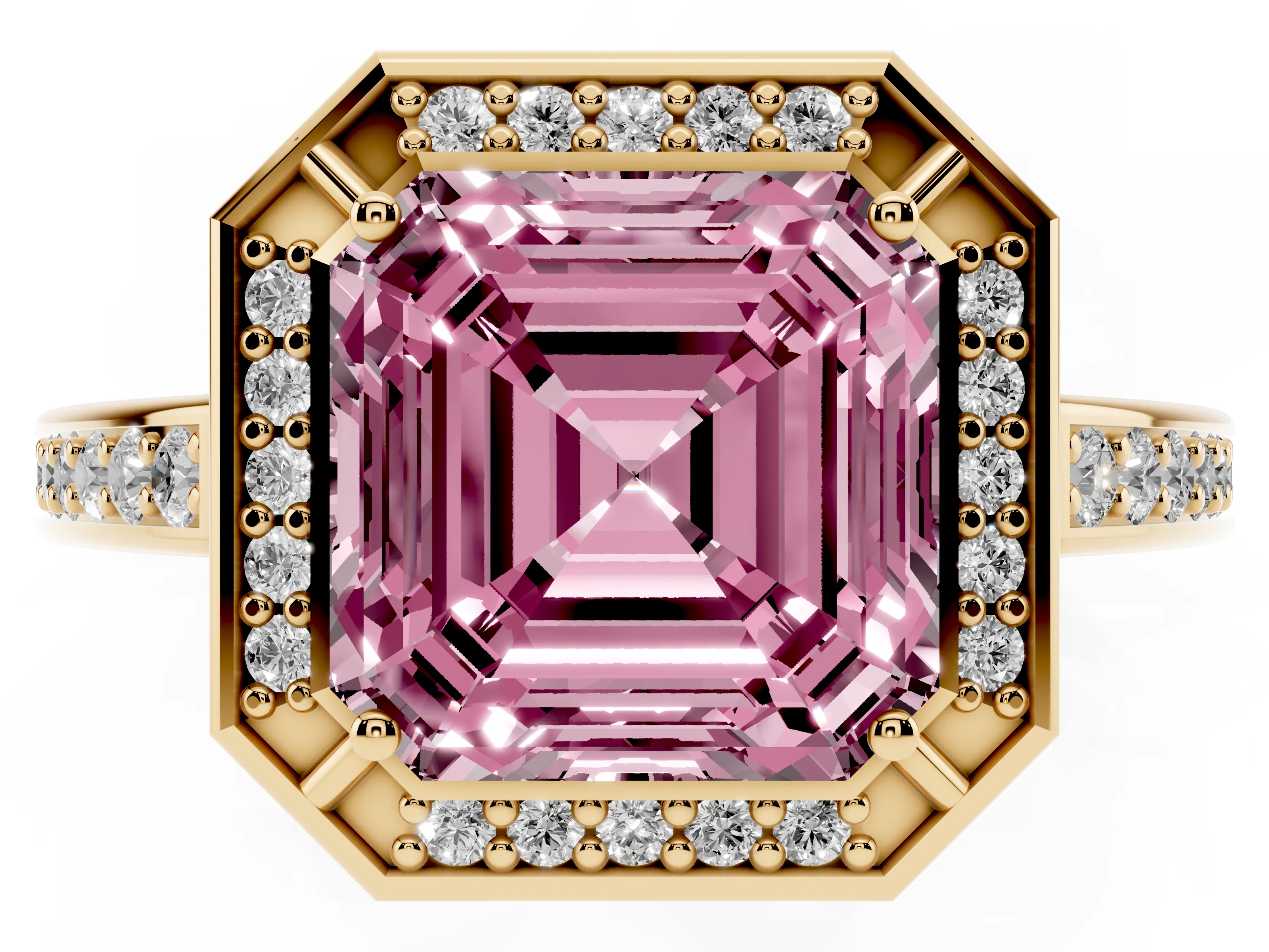 Fancy Pink Asscher Cut Diamond Halo Pavé Split Shank Ring Set in Yellow gold with Prong Setting