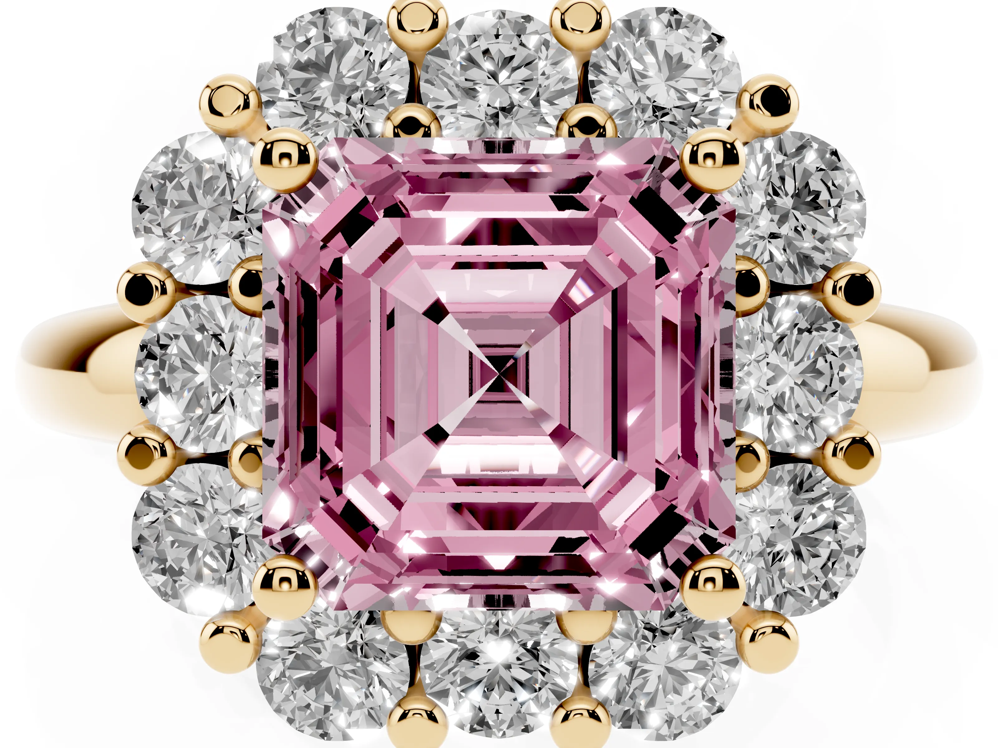 Fancy Pink Asscher Cut Diamond Halo Cluster Engagement Ring Set in Yellow gold with Polished Band and Prong Setting
