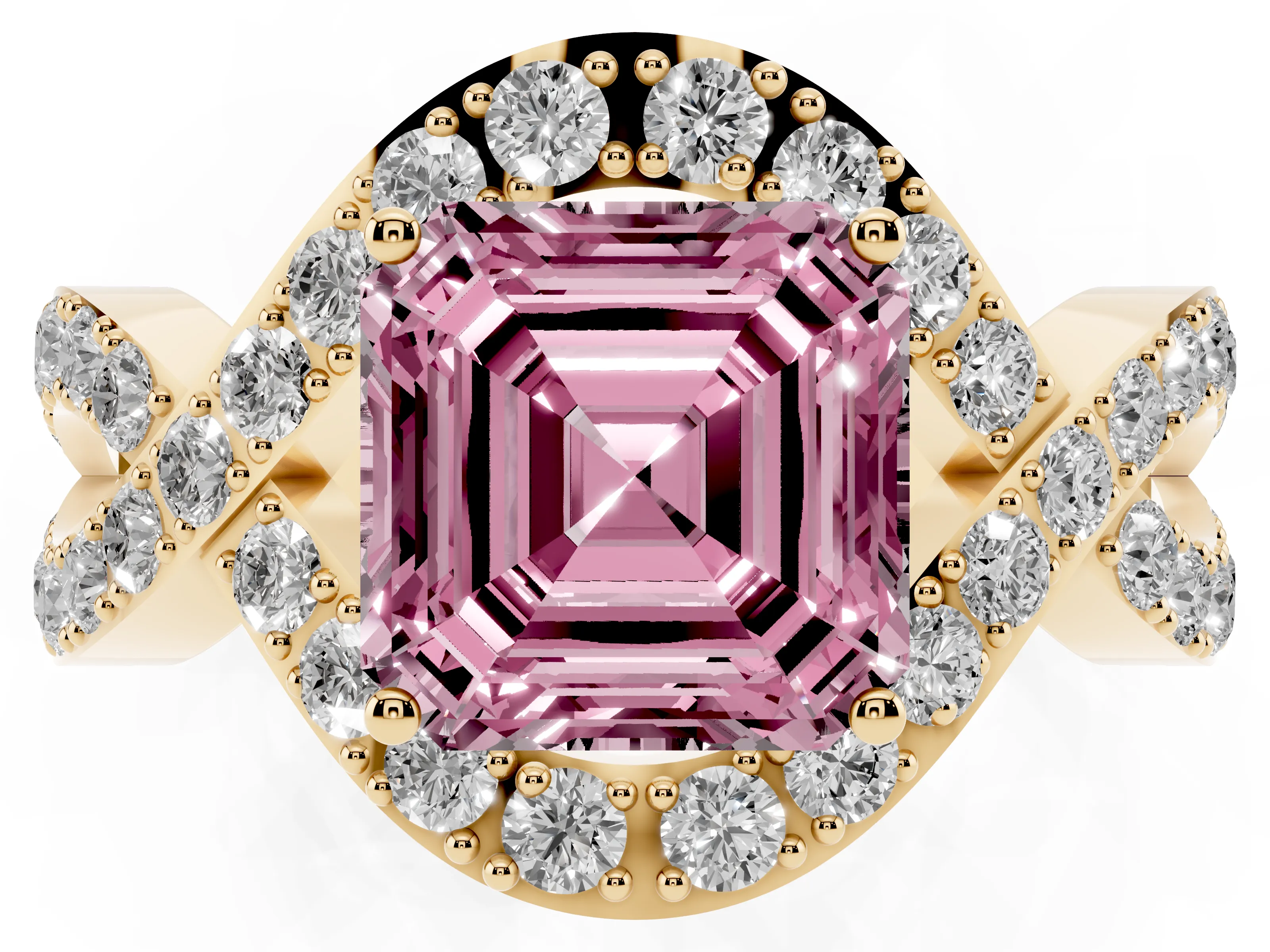 Fancy Pink Asscher Cut Diamond Solitaire Twist Band Pavé Engagement Ring Set in Yellow gold