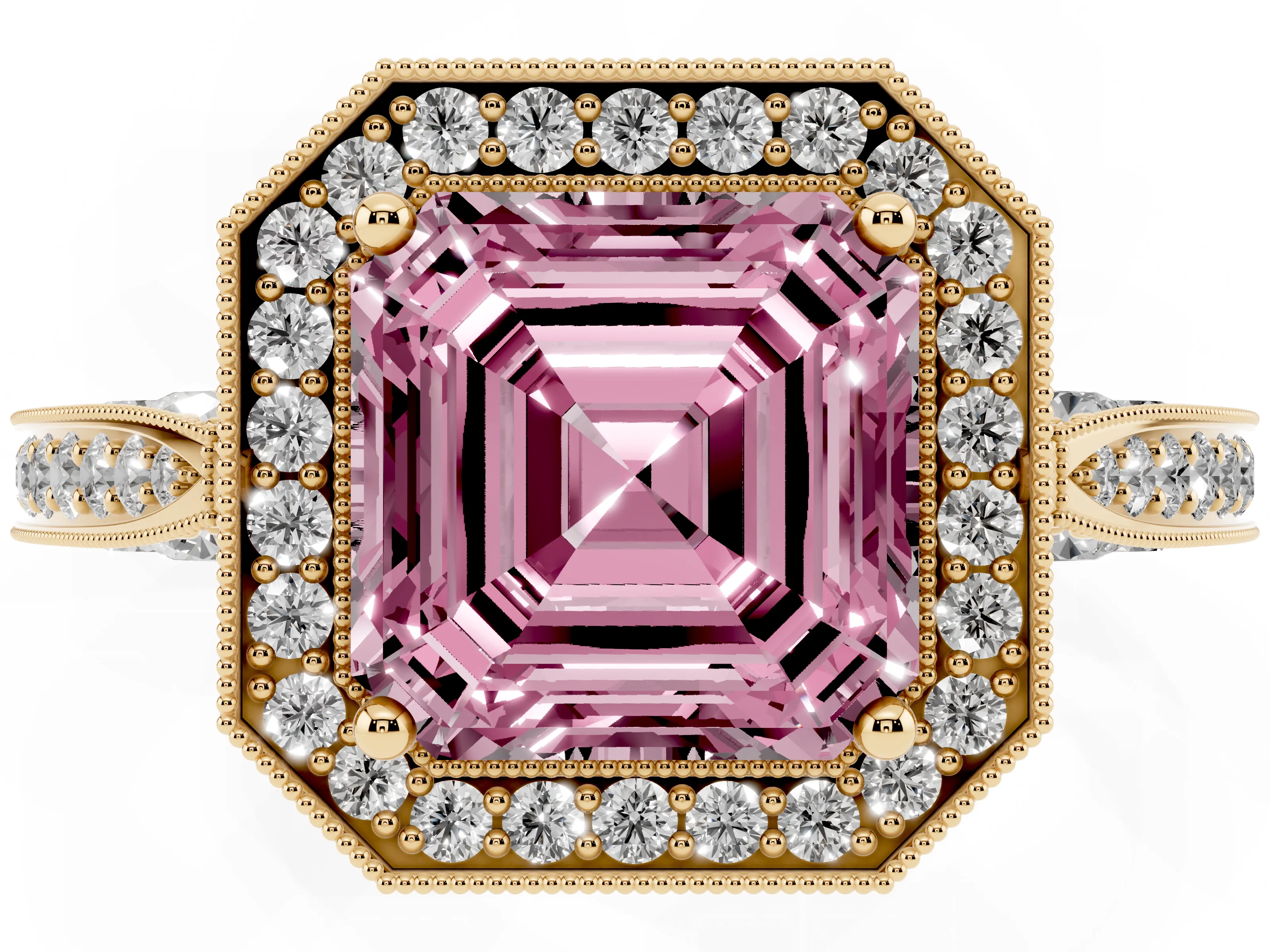 Fancy Pink Asscher Cut Diamond Halo Engagement Ring Set in Yellow gold with Accent Split Shank Band