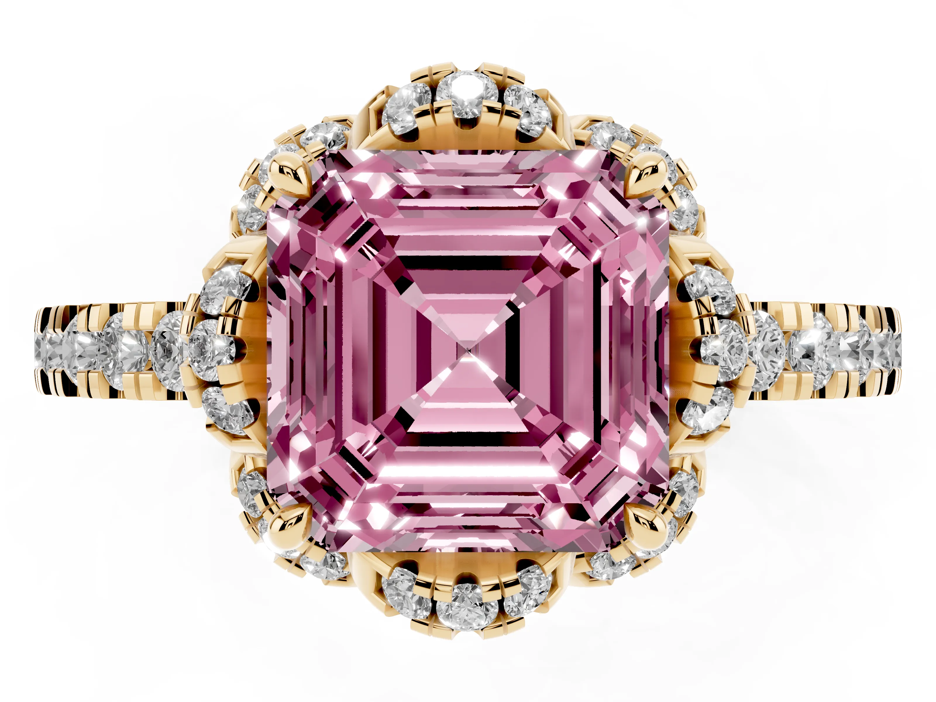 Fancy Pink Asscher Cut Diamond Halo Pavé Band Ring Set in Yellow gold with Prong-Held Center