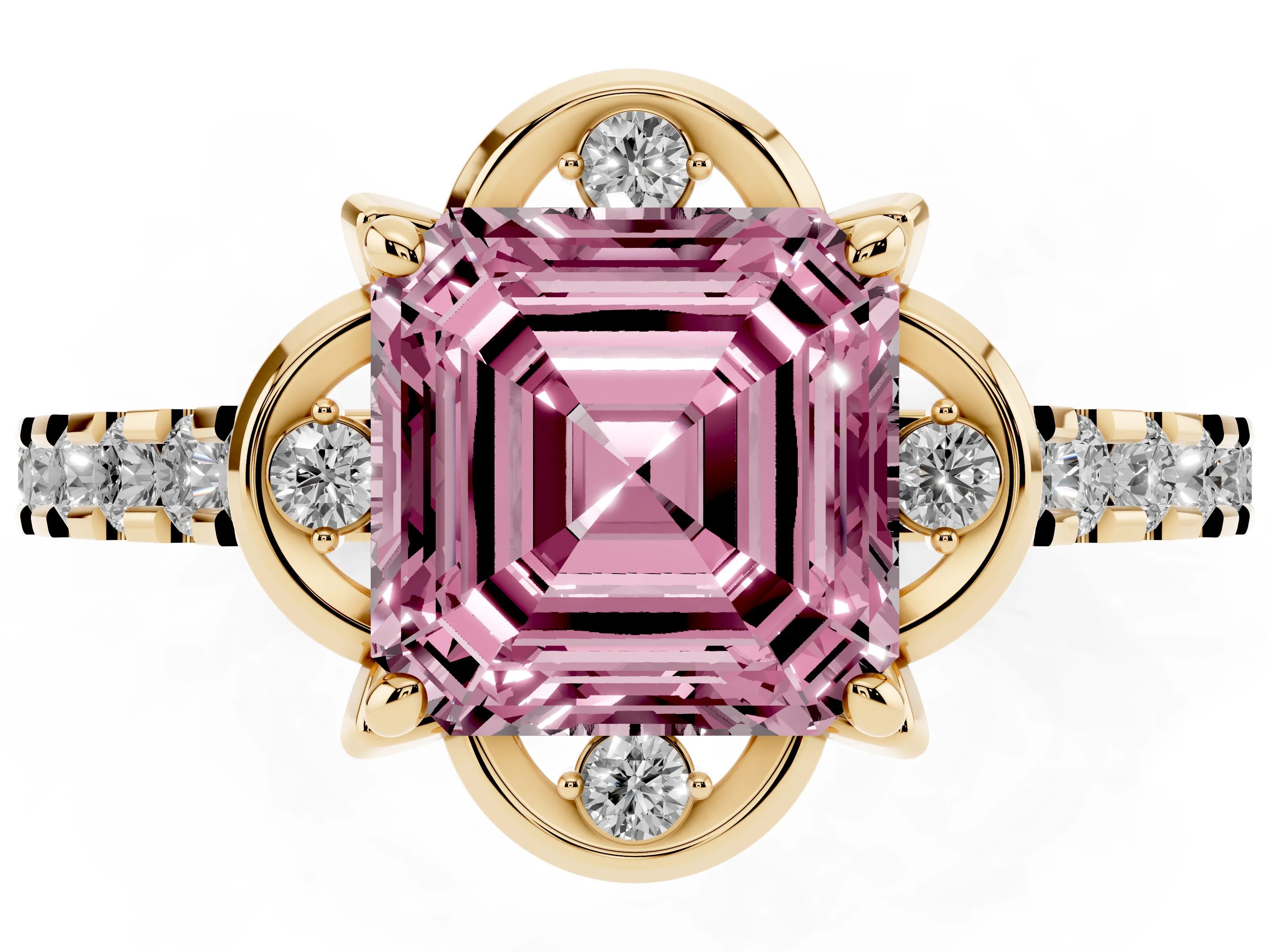 Fancy Pink Asscher Cut Diamond Solitaire Ring Set in Yellow gold with Pavé Band and Floral Prong Setting