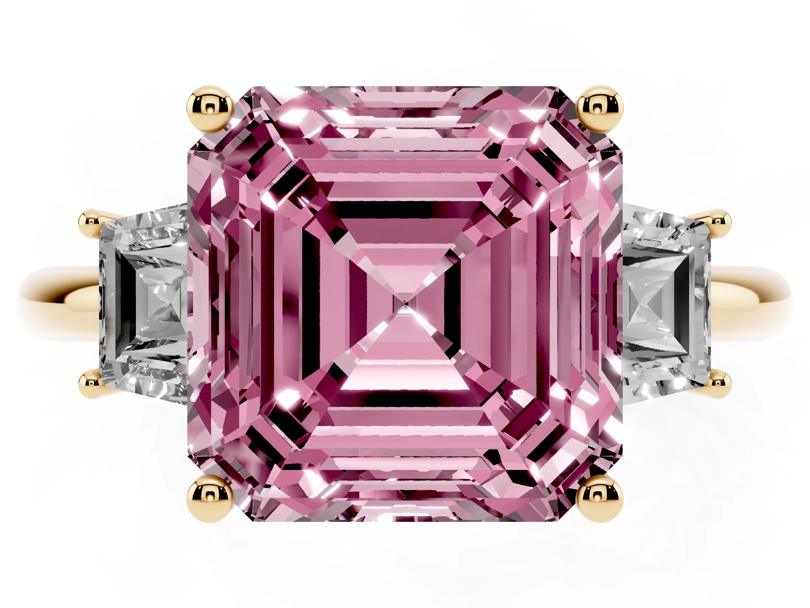 Fancy Pink Asscher Cut Diamond Three-Stone Ring Set in Yellow gold with Trapezoid Side Stones and Prong Setting