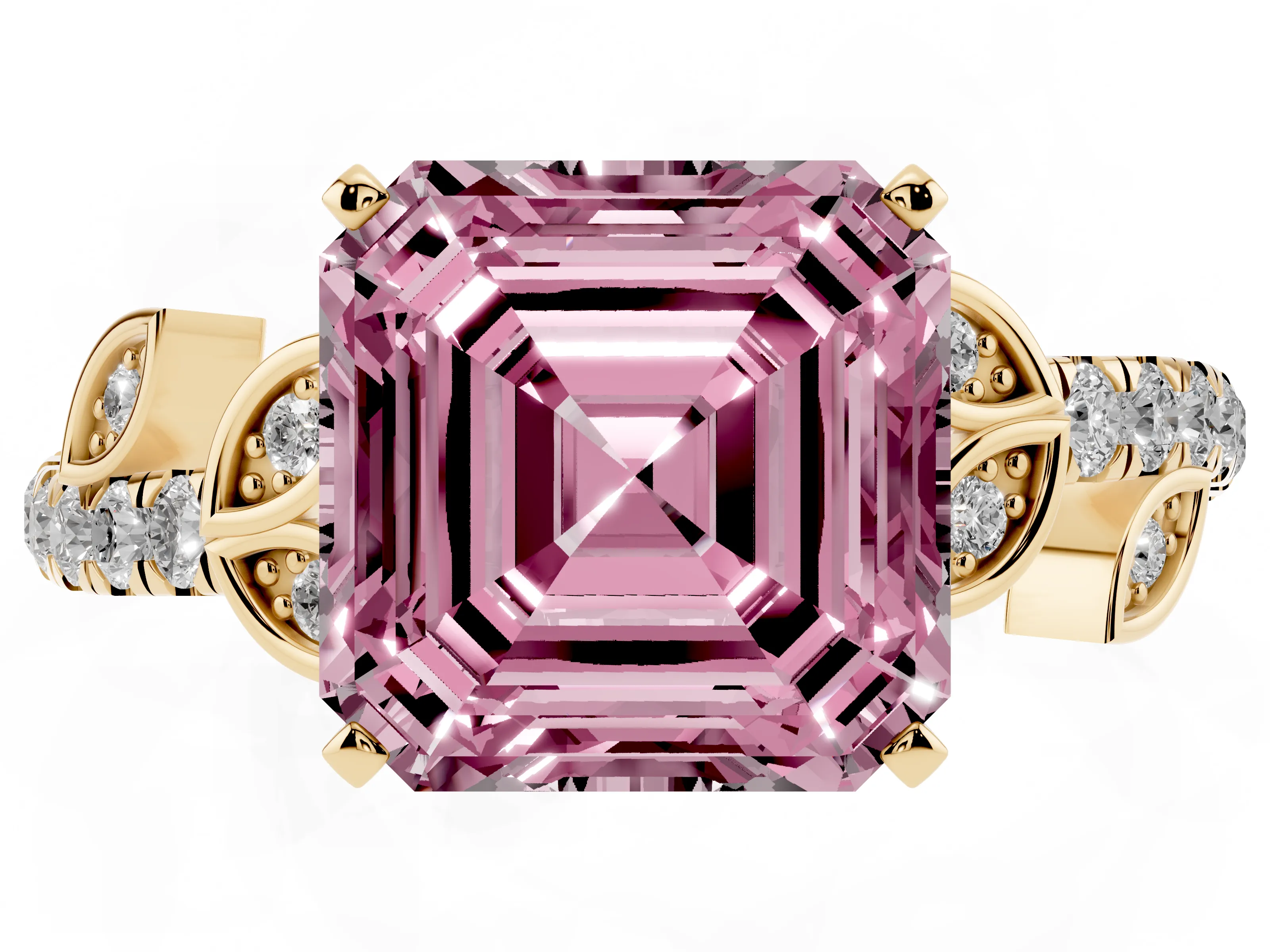Fancy Pink Asscher Cut Diamond Solitaire Leaf-Inspired Ring Set in Yellow gold with Pavé Band and Prong Setting