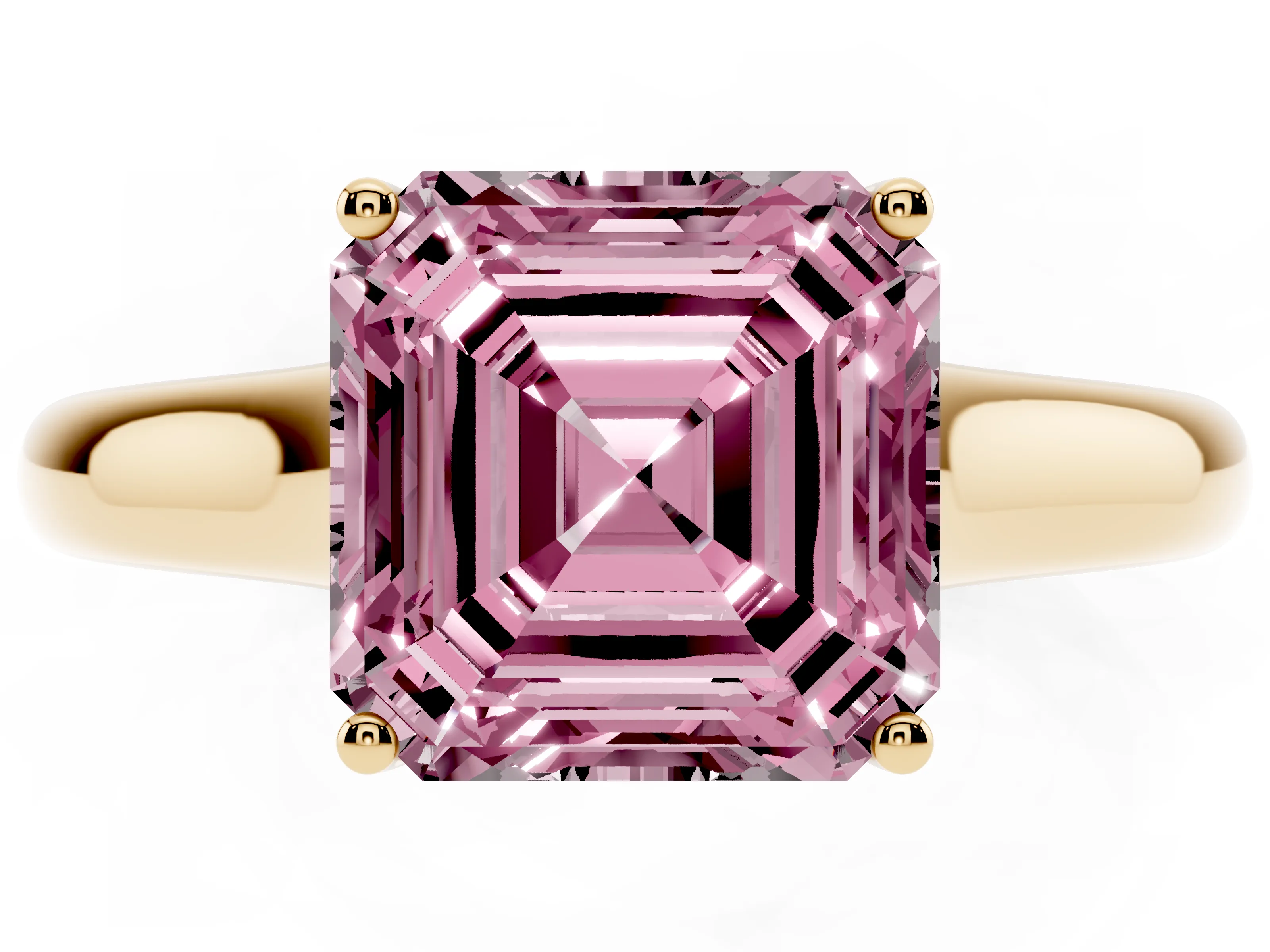 Fancy Pink Asscher Cut Diamond Solitaire Engagement Ring Set in Yellow gold with Subtly Tapered Band and Prong Setting